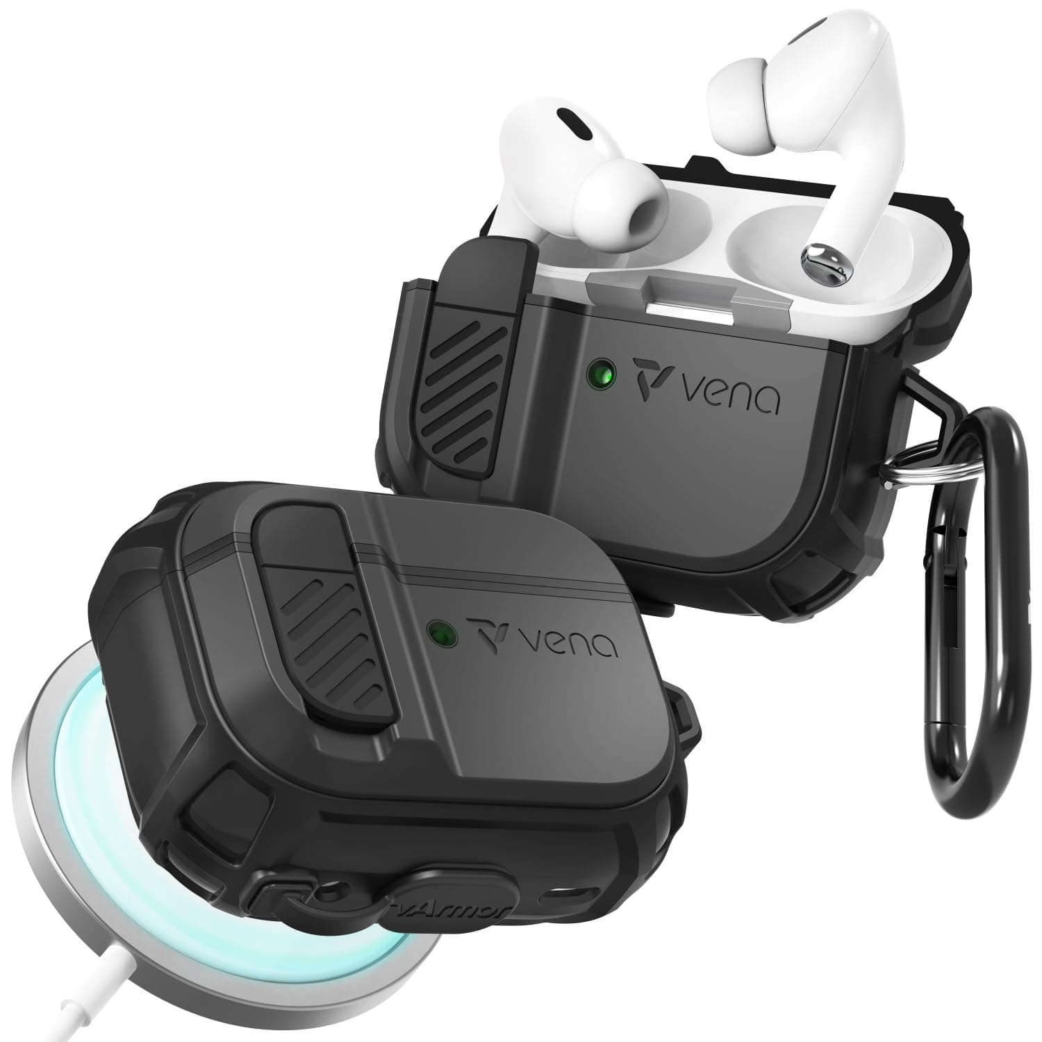 VENA vArmor Rugged Case For Apple AirPods Pro 2, (Secure Lock Mechanism) Heavy Duty Full Body Shockproof Protection Cover With Carabiner for AirPods Pro 2nd Generation 2022 - Graphite Gray/Black