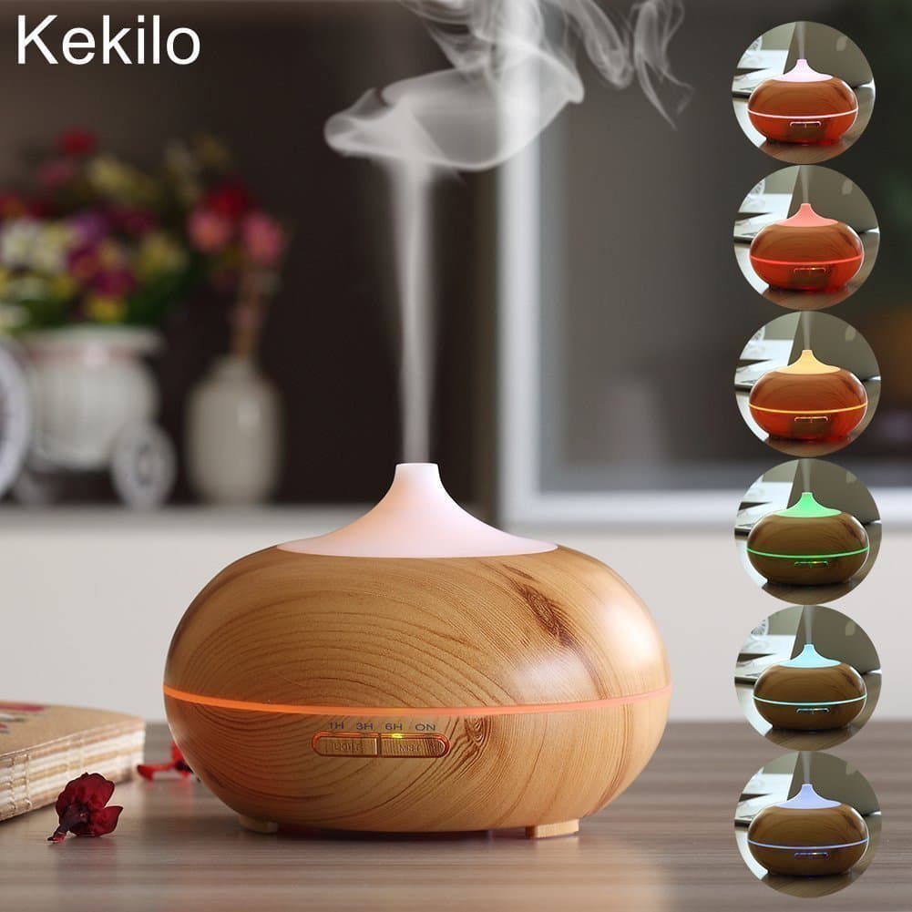 Kekilo Aroma Diffuser 300ml Scented Oil Diffusers Cool Mist Air Humidifier for Essential Oils, Ultrasonic Aroma Diffuser with 7 Color LED Lights for Bedroom, Nursery,Yoga,Office (Light Wood))
