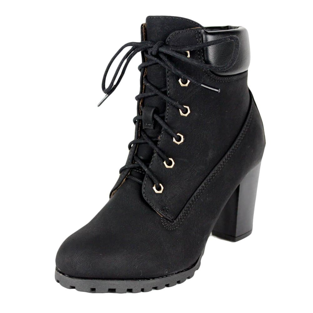 KSC Womens Rugged Lace Up Stacked High Heel Ankle Boots
