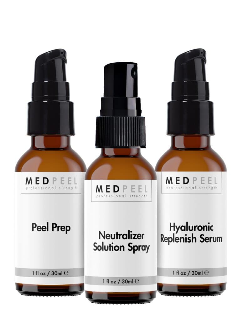 Chemical Peel Essentials Kit, by Medpeel, Kit includes a peel prep, neutralizer spray and hyaluronic replenishing serum