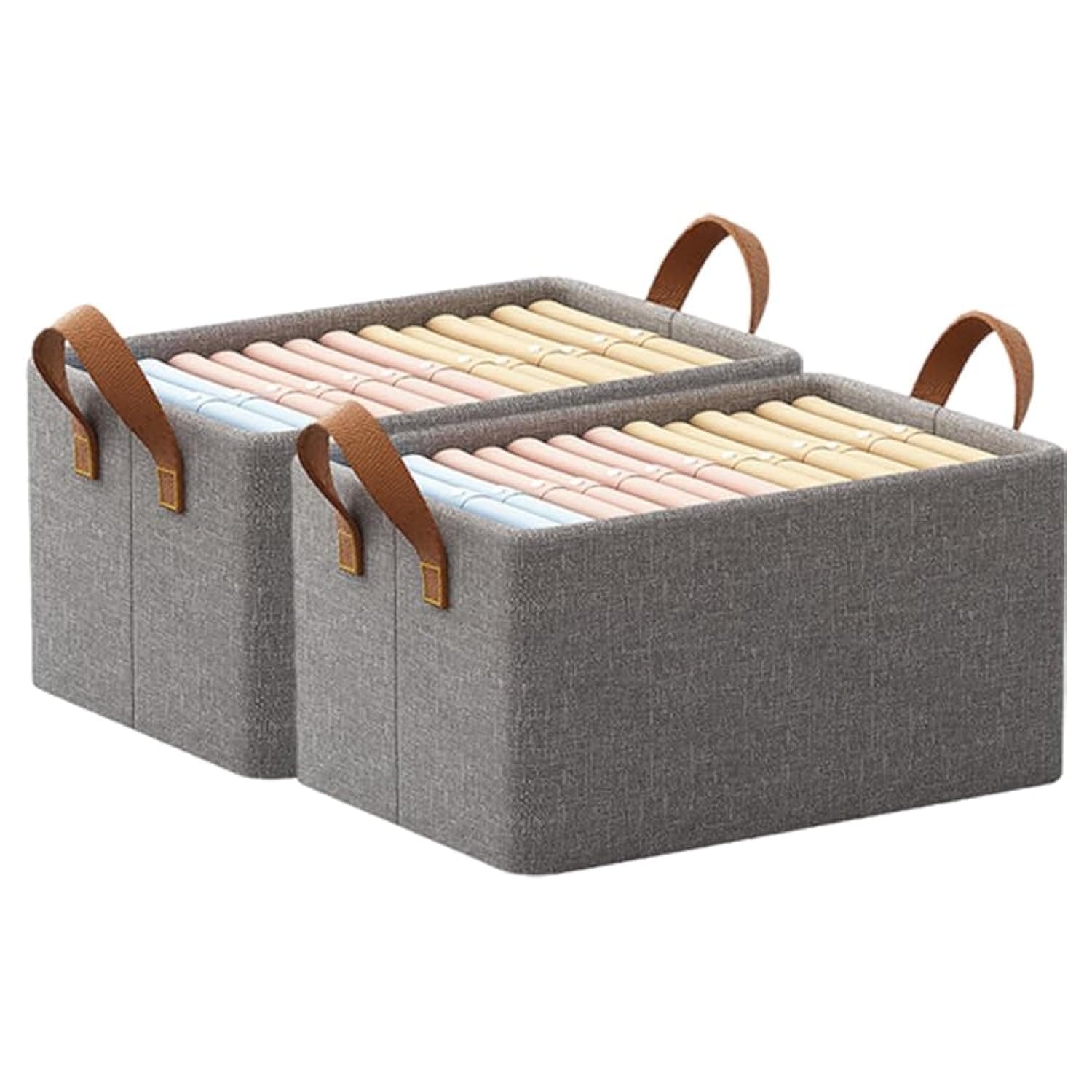 RIHUD Storage Boxes 2 Pcs Fabric Storage Basket With Handles Folding Storage Box Grey Storage Basket For Toys, Clothes, Office Products And Other Sundries (Large, Grey)