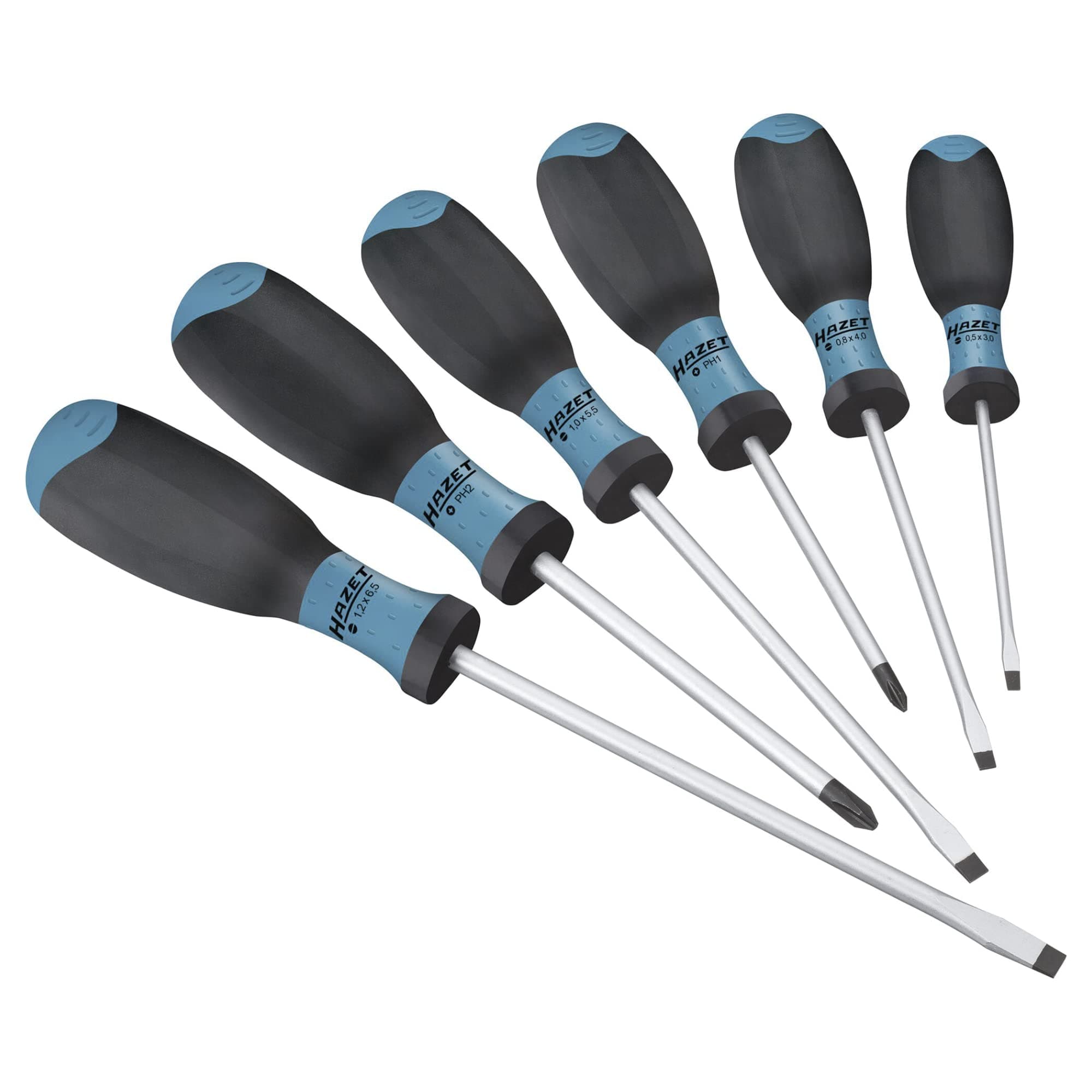 - HAZET Screwdriver Set 810SPC/6 I 6-Piece Set with Non-Slip 3-Component Handle for High Force Transmission I Matt Chrome-Plated Surface, 4x Slotted Profile, 2x Phillips Profile