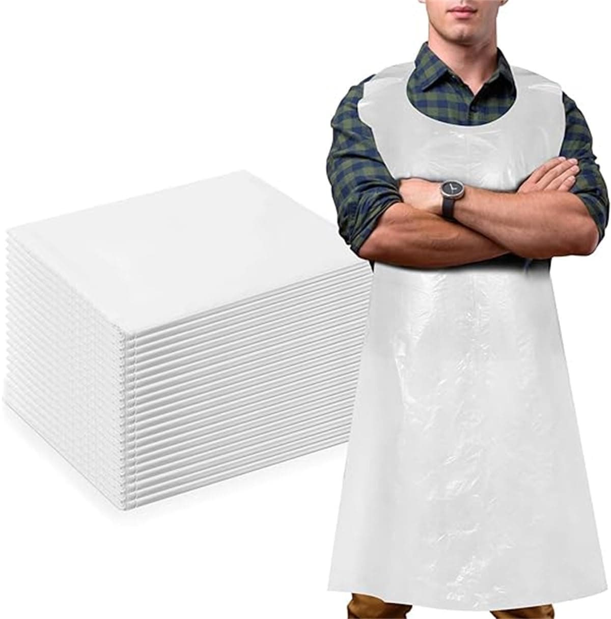 Azonee Disposable Aprons, Bulk Plastic Disposable Aprons 28 x 47 Inches, Heavyweight White Plastic Poly Apron for Adult Painting Crafts, Arts, Cooking, Commercial or Household Use, 100 Pcs
