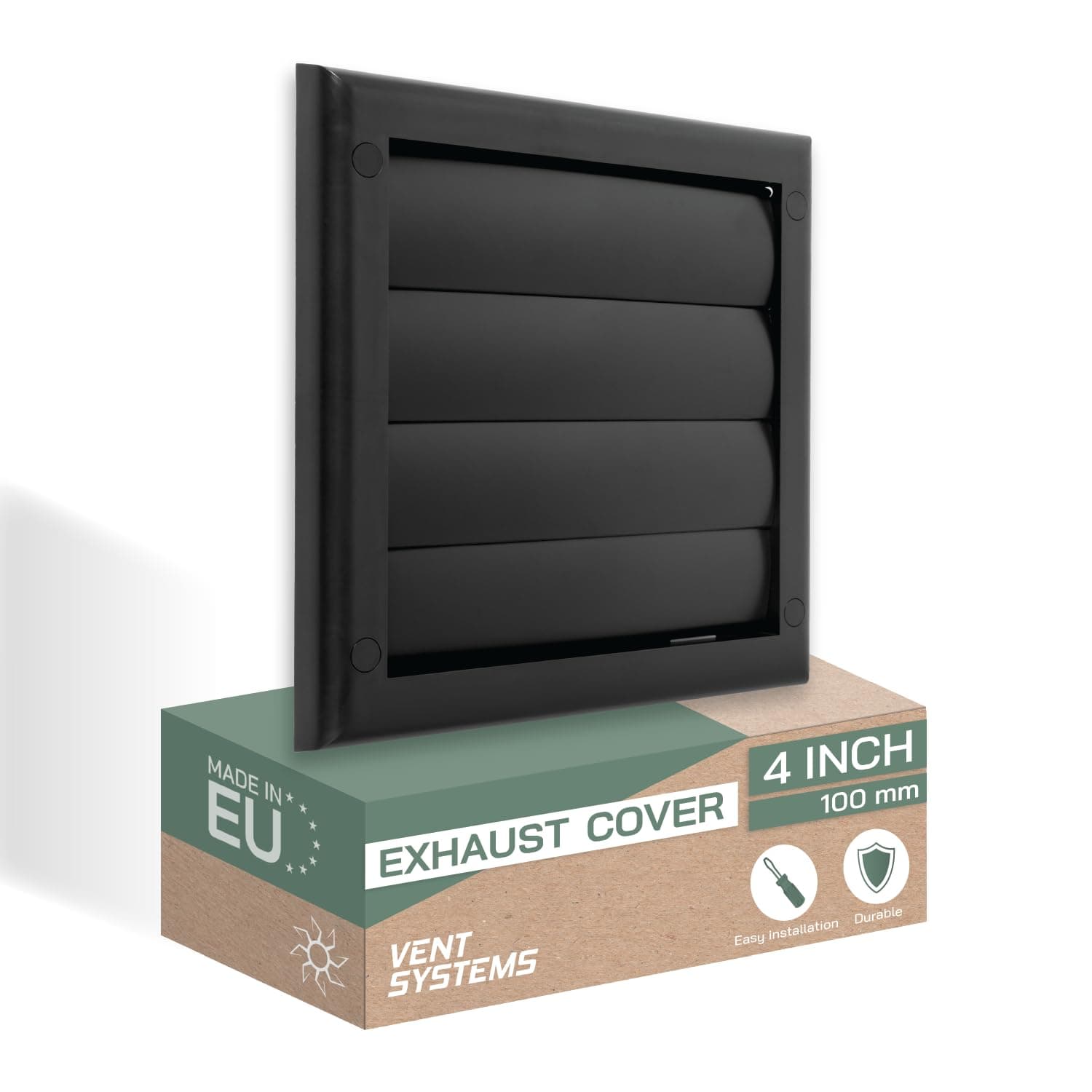 Vent Systems 4" Inch (7.5'' x 7.5") Exhaust Vent Cover - Black - Dryer Vent Hood - Louvered Dryer Duct Vent Cover - Vent Hood Cap - One-Directional Plastic Air Exhaust Grille