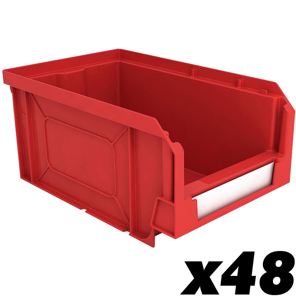 48x - Red Size 2 Open Fronted Bins 75H x 105W x 160D mm, stackable garage workshop storage boxes