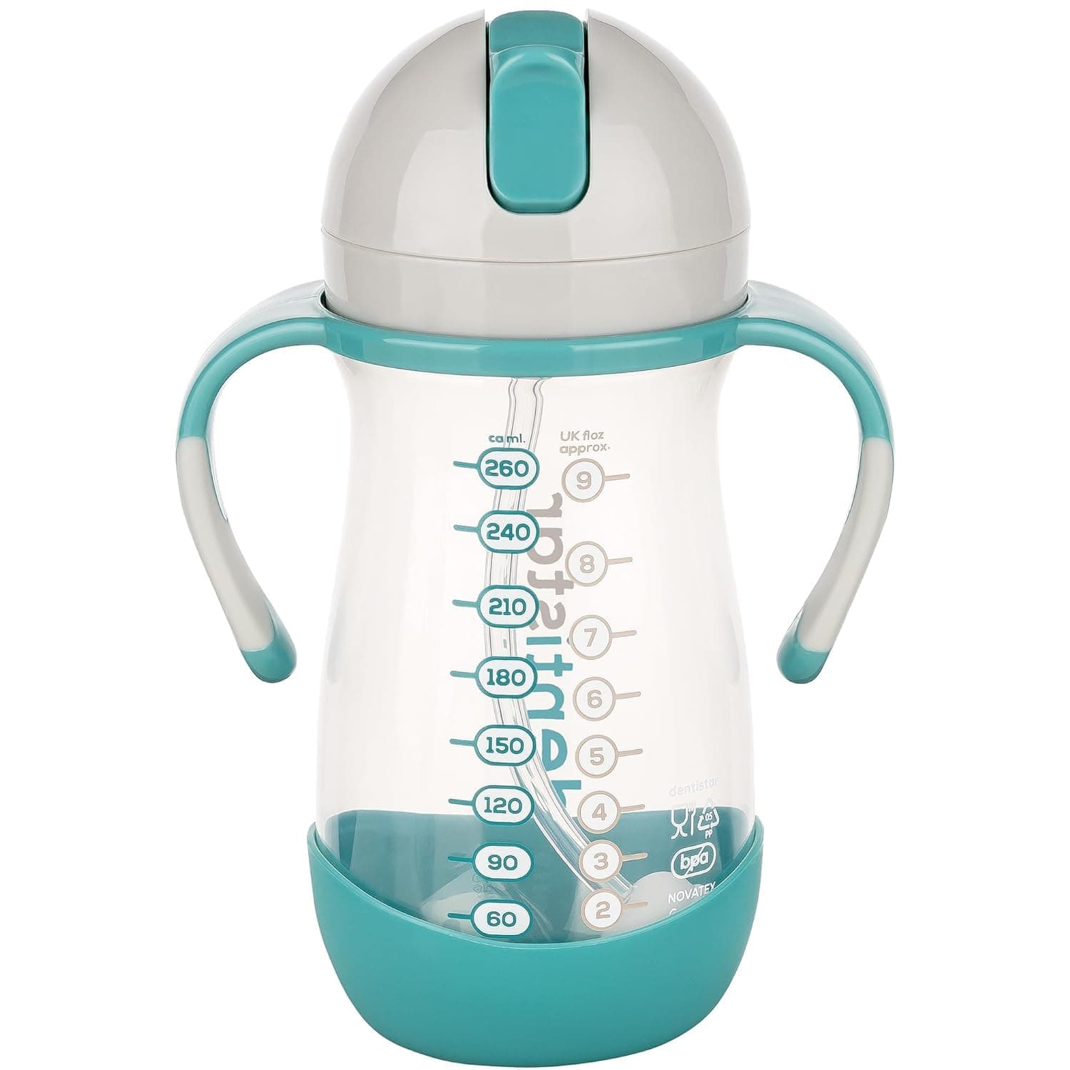 – Straw Cup 260 ml - Baby Bottle with Dynamic Straw from 6 Months - Leak-Proof Baby Drinking Bottle with Non-Slip Handles Including Cleaning Brush - BPA - Mint