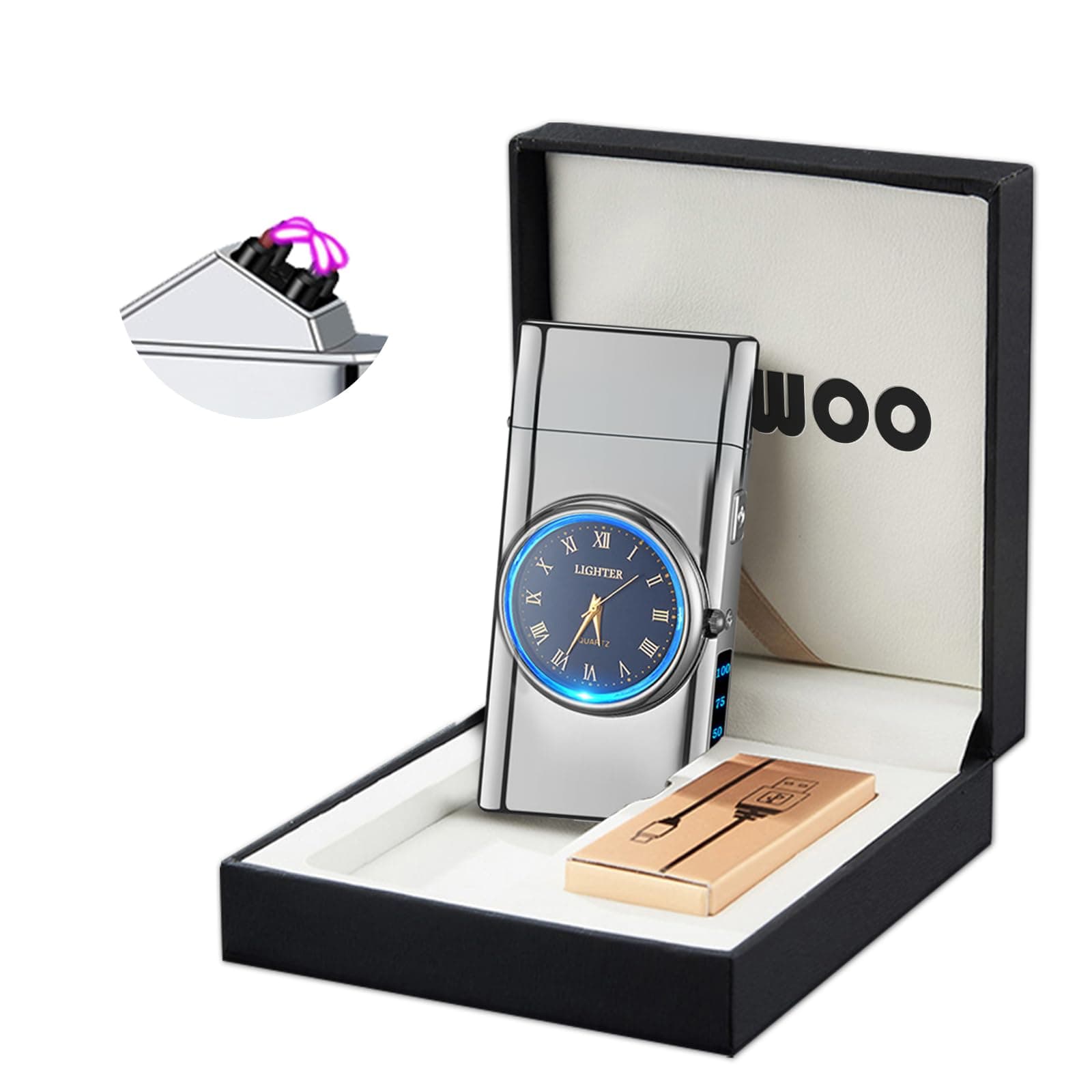 Plasma Lighter USB Rechargeable YOZWOO Electronic Lighter with Clock Stylish Eagle Totem LED Light Dual Arc Lighter Windproof Electric Lighter without Flame (Silver)