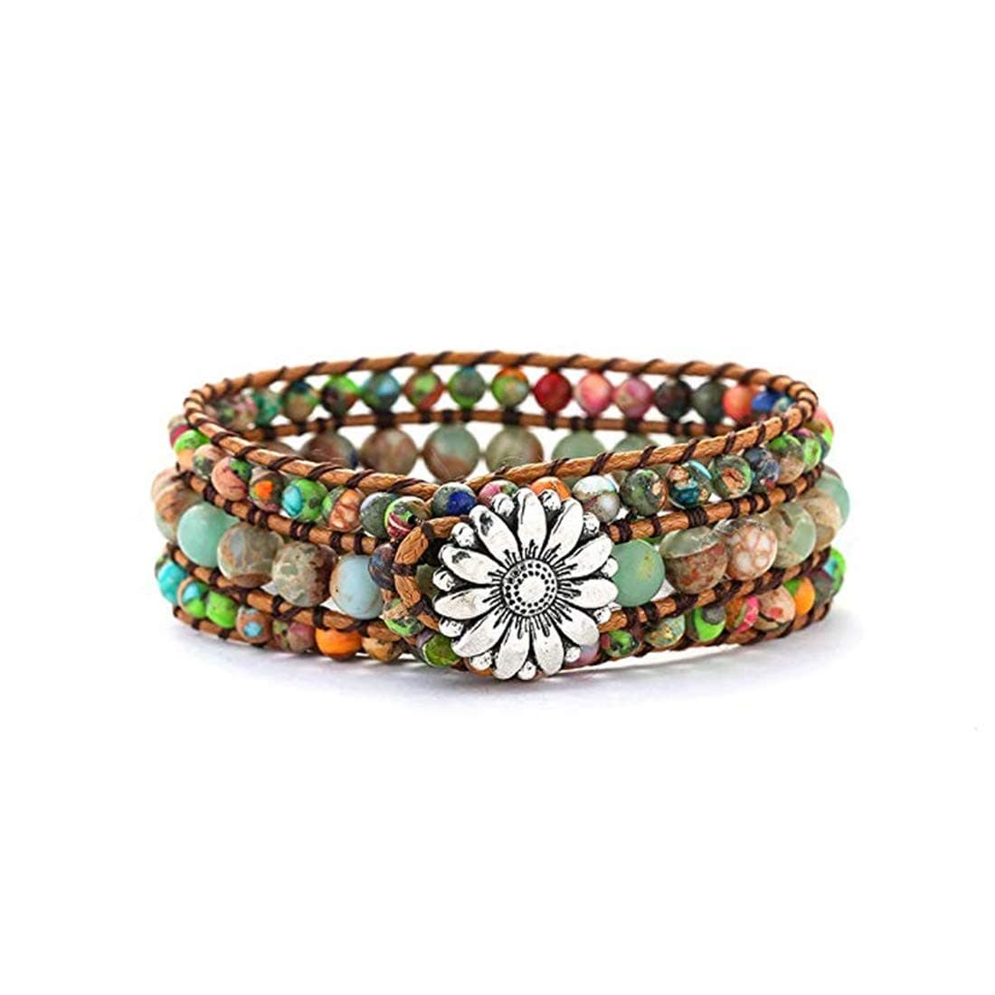 YGLINE Boho Handmade Natural Stone Bead 3 Row Wide Wrap Wrist Statment Bracelet Jewelry Collection