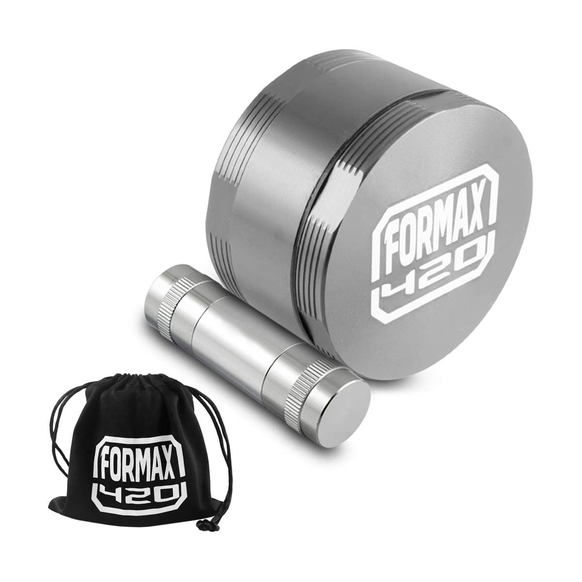 FORMAX®420 Grey Herb Grinder 4 Pieces 2.5 Inch Tobacco Crusher and Silver Pollen Presser
