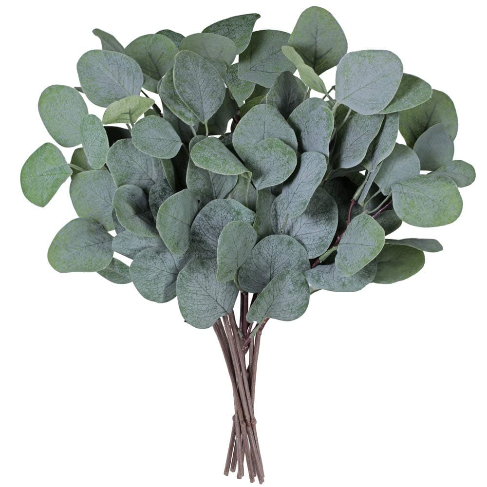 Supla 10 Pcs Fake Eucalyptus Leaves Stems Bulk Artificial Silver Dollar Eucalyptus Leaves Plant in Grey Green 11.8" Tall Greenery Artificial Greenery Holiday Greens Floral Arrangement