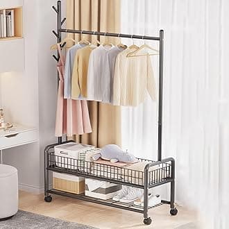 Lukzer | MGR-004 | Black | Metal Cloth Stand & Garment Organizer with Wheels, 2 Bottom Shelves & Mesh Base – Freestanding Coat Rack for Bedroom, Laundry, Office & More | 173 x 110 x 35 cm