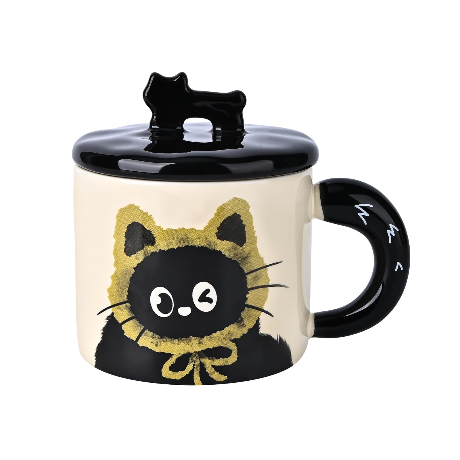 Koythin Ceramic Coffee Mugs, Unique Tea Cup for Latte Juice Hot Tea, Funny Coffee Mug with Chubby Cute Cat Tail Handle for Girl Mom Women, Teacup with Cat's Cup Hat Lid, 10 oz/300 ml (Yellow)