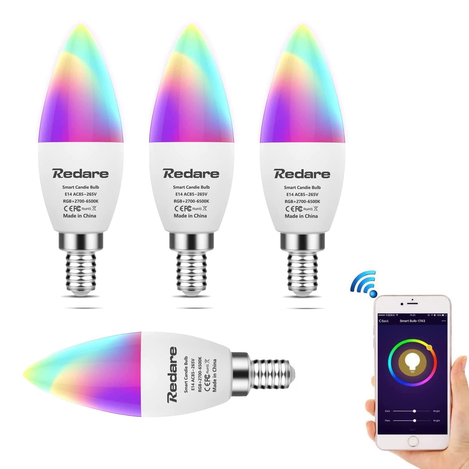 Alexa E14 Smart Candle Bulbs,لمبة ذكية,C37 Dimmable WiFi Smart Bulbs,500Lm,5W Replace 60 Watt,White+RGBCW Colour Changing LED RGB Light Bulb Work with alexa,Google Home(AC85~265V 4 Pack)