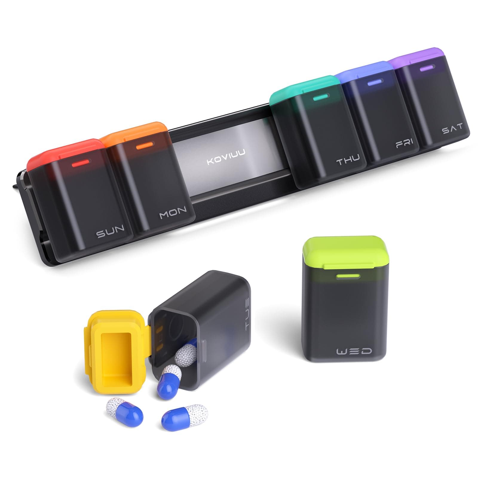 - KOVIUU Weekly Pill Organizer Magnetic, Removable Pill Box 7 Day 1 Time a Day, Large Travel Pill Case, Week Once Daily Medication Dispenser, Medicine Container Holder for Supplement, Vitamin, Black