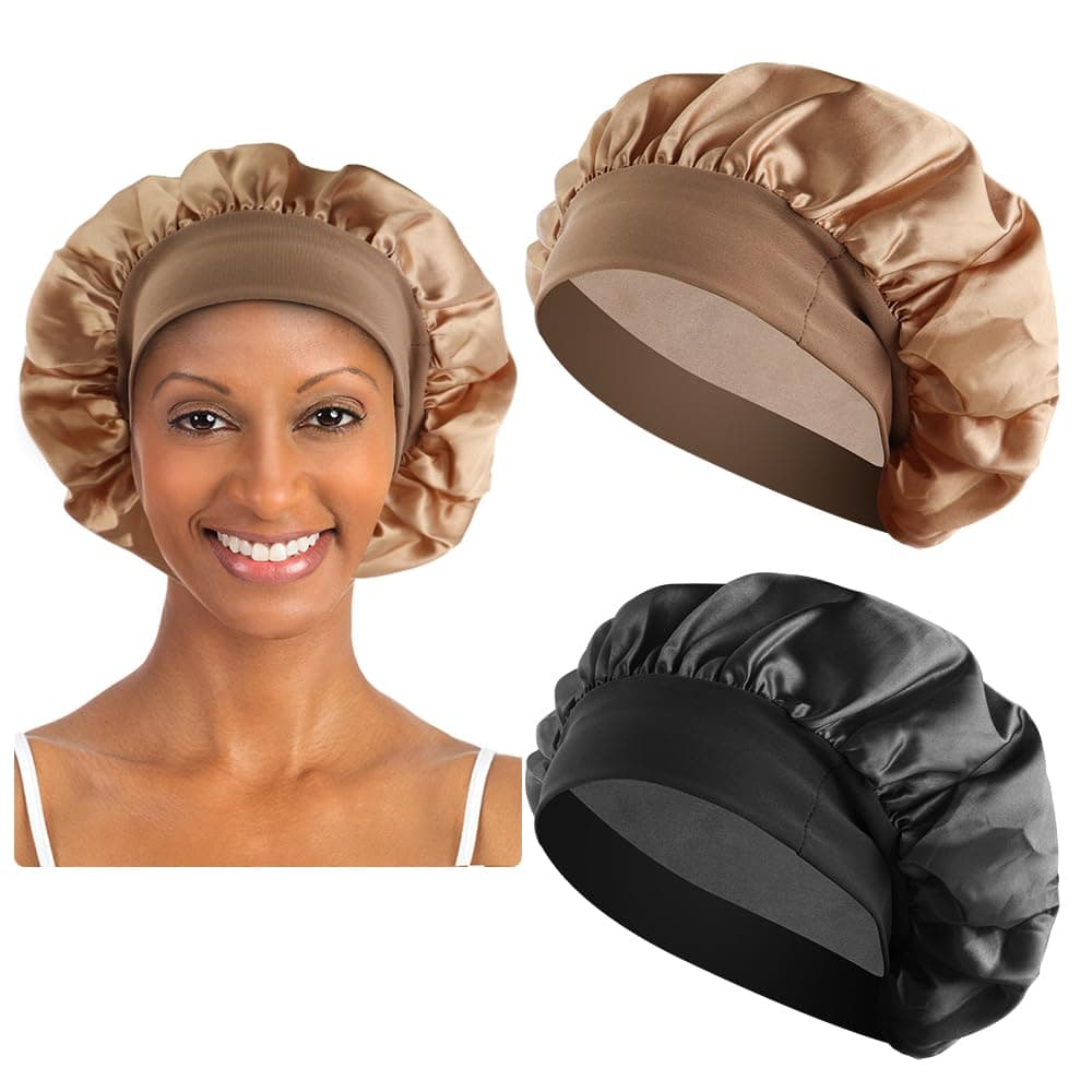 2 Pack Soft and Breathable Satin Bonnet Silk Bonnet, Elastic Wide Band Silk Bonnet Curly Hair Shower Cap Wide-Brimmed Chemo Caps for Sleeping Hair Care Nightcap Silk Hair Wrap