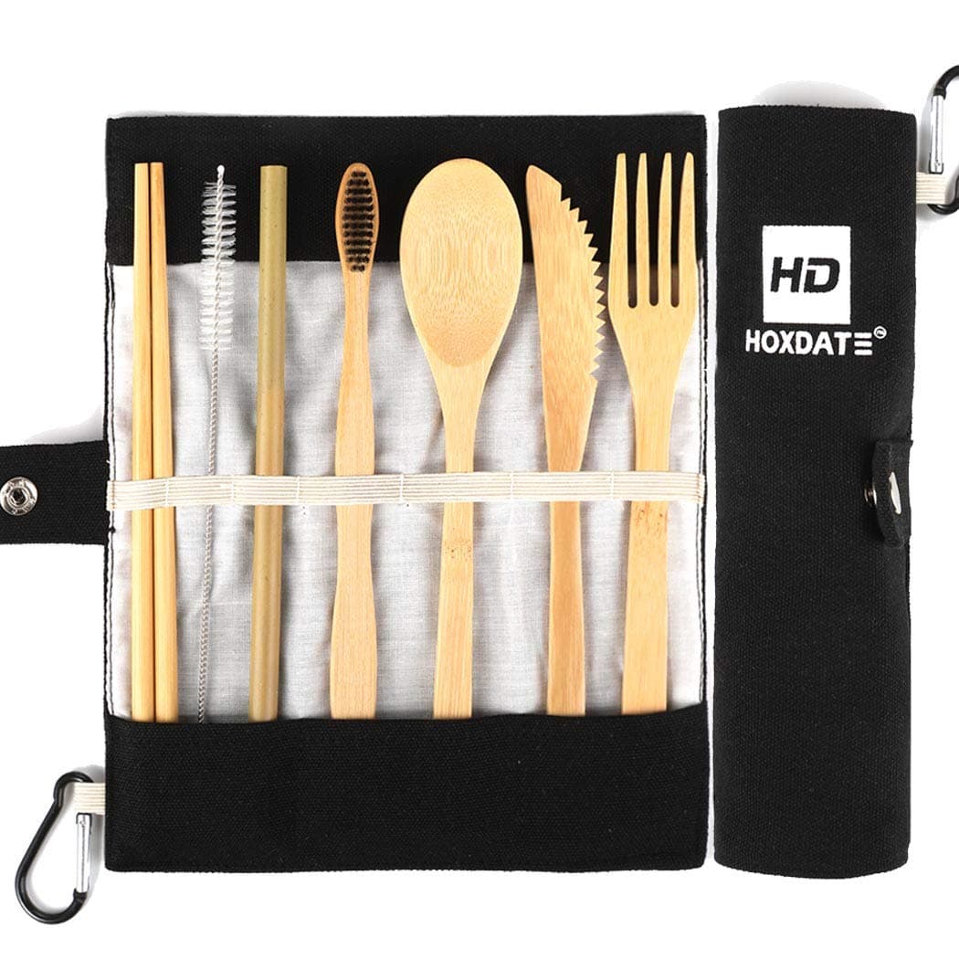 Bamboo Utensils, Eco Friendly Flatware Set, Bamboo Cutlery Set, Bamboo Travel Utensils, Camping Utensils Set, Portable Utensils Set, 7 Pieces- Black