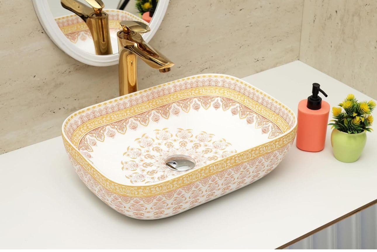 CLUSTER Designer Table Top Wash Basin For Bathroom | Ceramic Bathroom Sink | Over Counter Moroccan Design Wash Basin for Hotel, Resturent (18 x 13 x 5.5 Inch) (Moroccan Design 5)