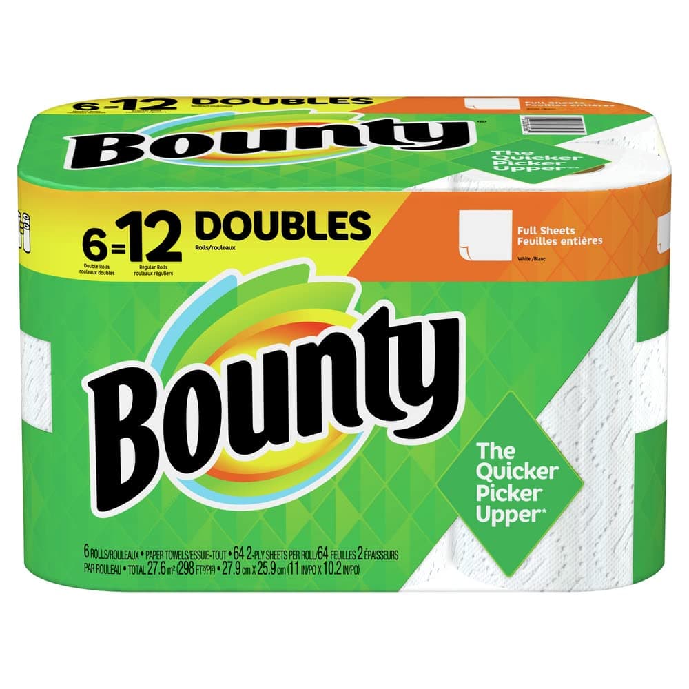 Bounty Full Sheet Paper Towels, 6 Double Rolls, White, 64 Sheets Per Roll