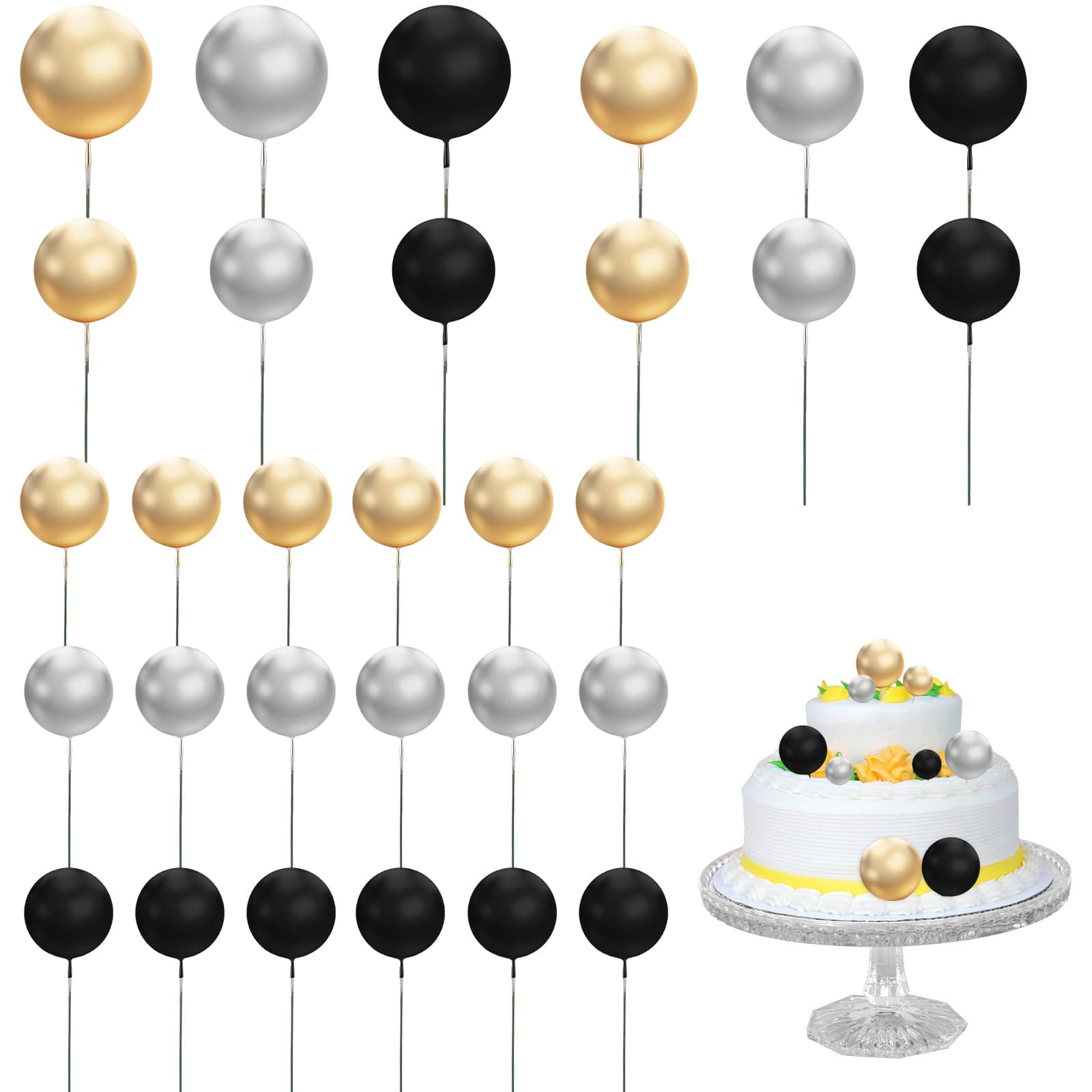 30 Pcs Cake Balls Decorations Ball Cake Topper 4 Size Balloon Cake Topper Colorful Cake Topper Balls Black And Gold Cake Decorations for Birthday Party Wedding Anniversary Baby Shower(GoldSilverBlack)