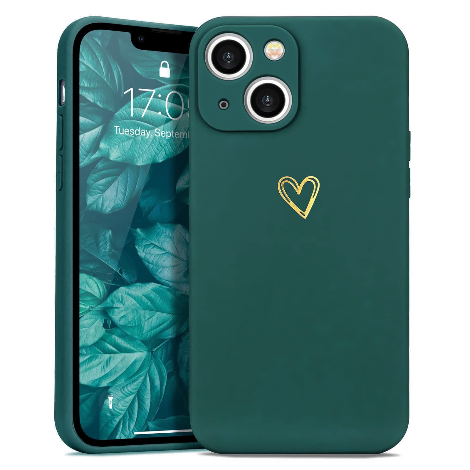 – Compatible with iPhone 13 Case Cute Heart Pattern Protective Shockproof Soft Slim Silicone Phone Case for Women Girls, Green