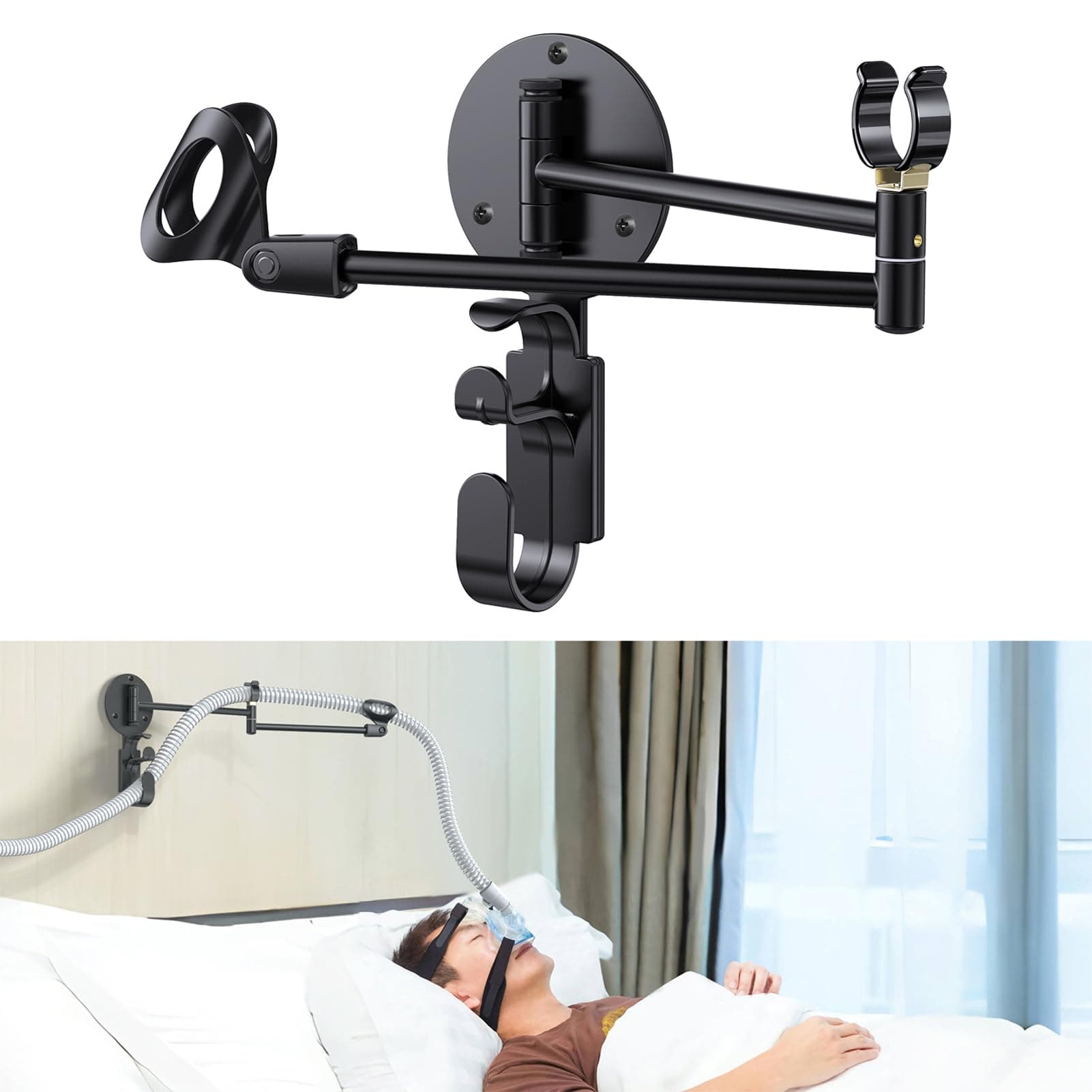 Cpap Hose Holder with Cpap Mask Following Function, Cpap Hose Hanger and Masks Hook Organizer for Bedside. Provides A Stable, Tangle-Free CPAP Supplies so You can Sleep Better. (Black)