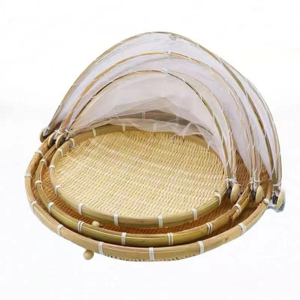 Handmade Bamboo Woven Basket Wicker Dustproof Picnic Basket Breadboxes For Bread Food Bread Dishes Cover Gauze Storage Basket (3 pcs Round Set)