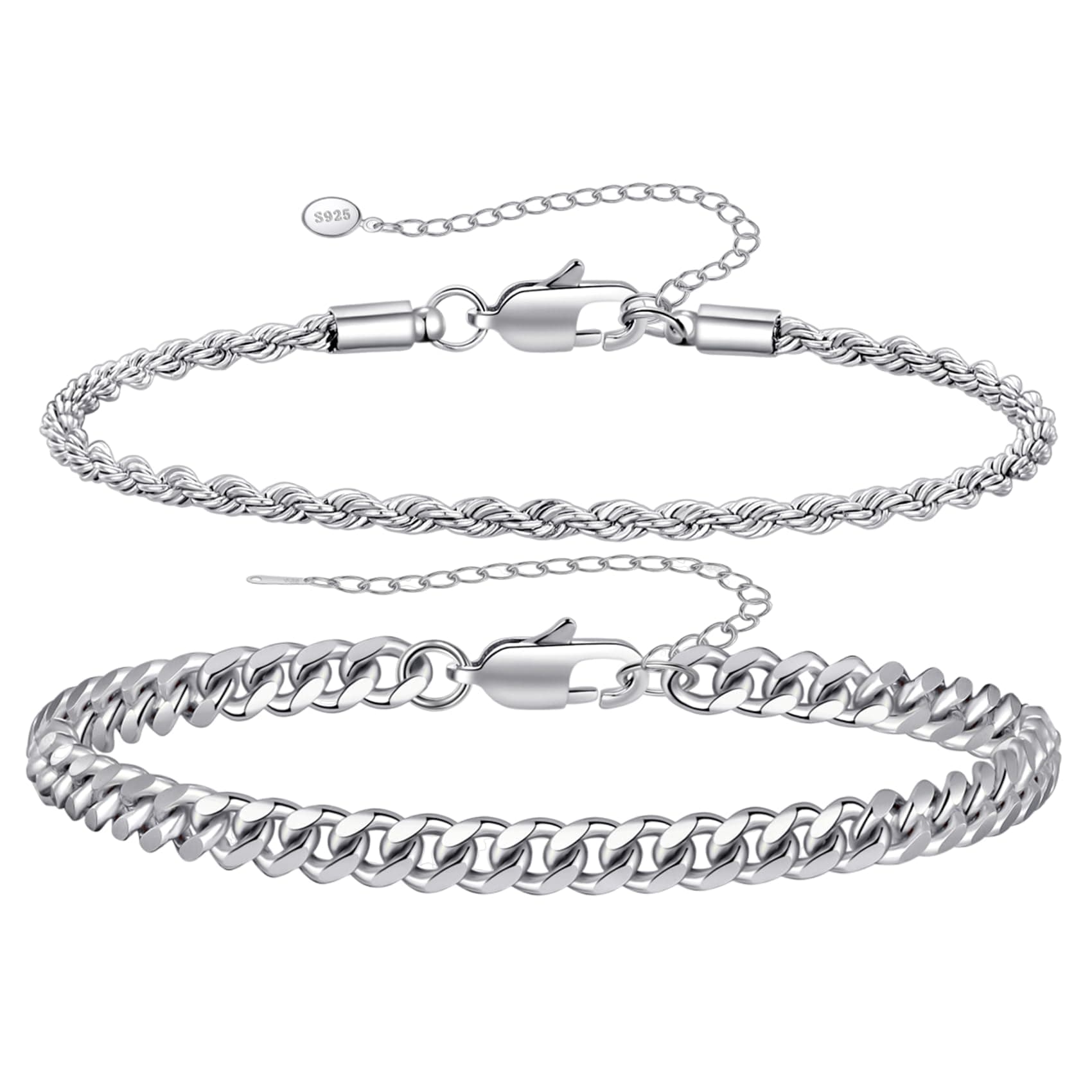 2 Pcs Chain Bracelet for Men - Silver Plated 7-9inch Figaro Rope Cuban Link Bracelet Set - Gifts for Men Dad Husband Boyfriend