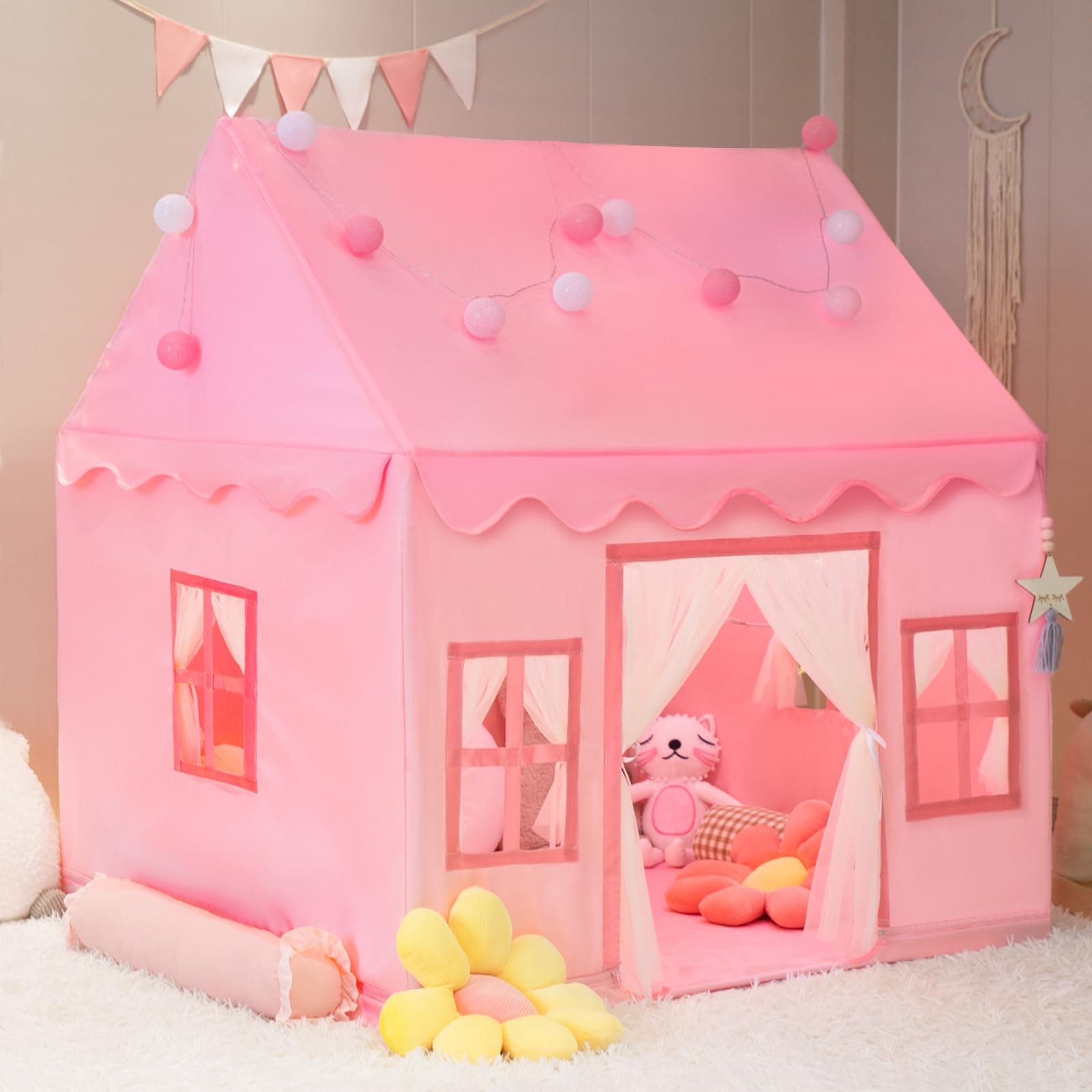 Large Kids Tent Playhouse Basic Mat with Star Lights, Flags and Tote Bags, Play Tent Indoor & Outdoor, Washable Teepee Tent for Boys & Girls, Kids Play House for Toddler(Pink)