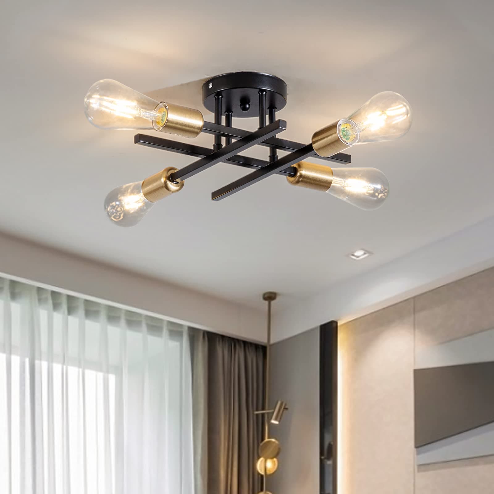 Becailyer 4 Lights Semi Flush Mount Ceiling Light, Modern Sputnik Ceiling Chandelier Industrial Close to Ceiling Light Fixtures for Farmhouse Living Dining Room Bedroom Study Kitchen, Black+Gold