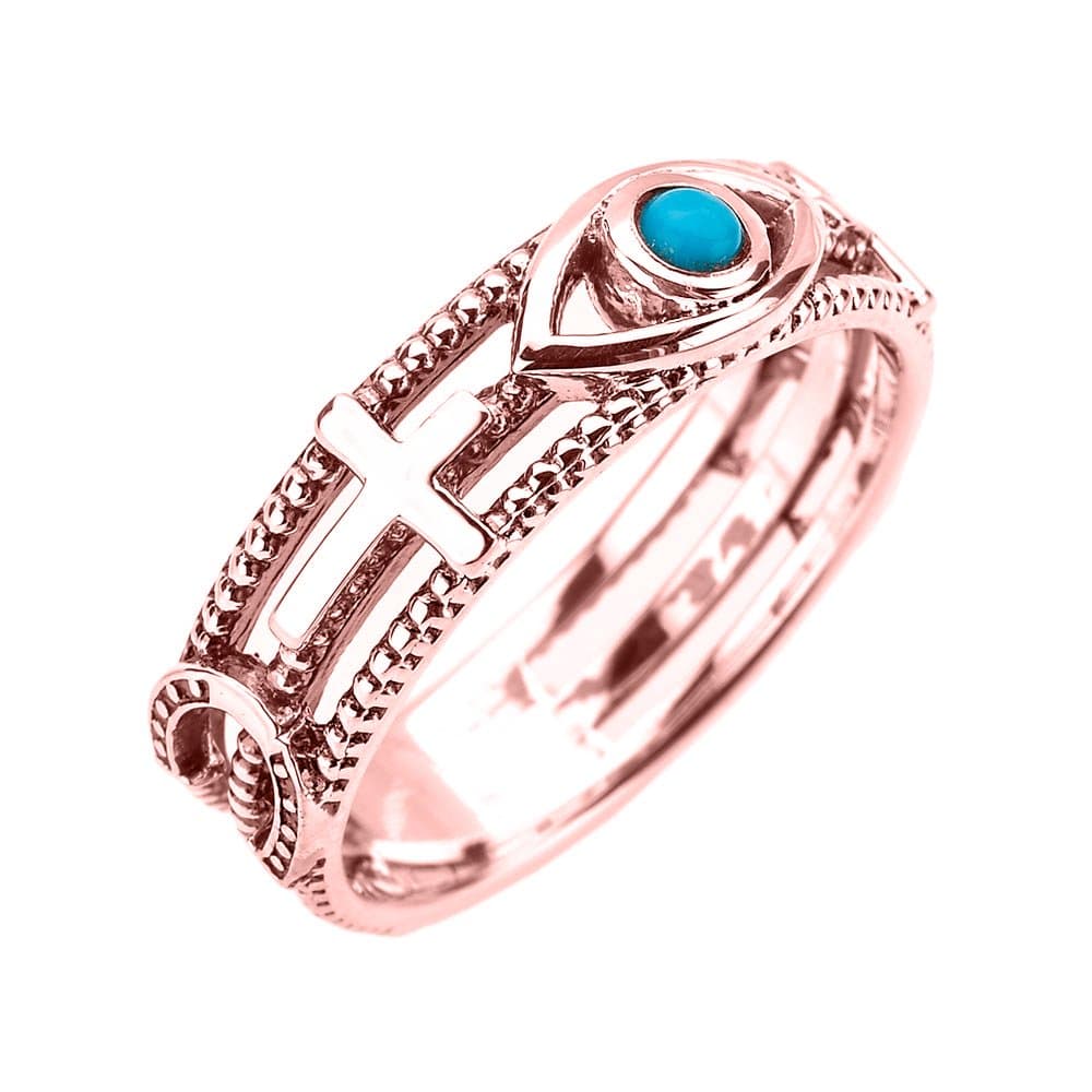 Solid 10k Rose Gold Milgrain Blue Sideways Cross Evil Eye Good Luck Ring(Size 6)