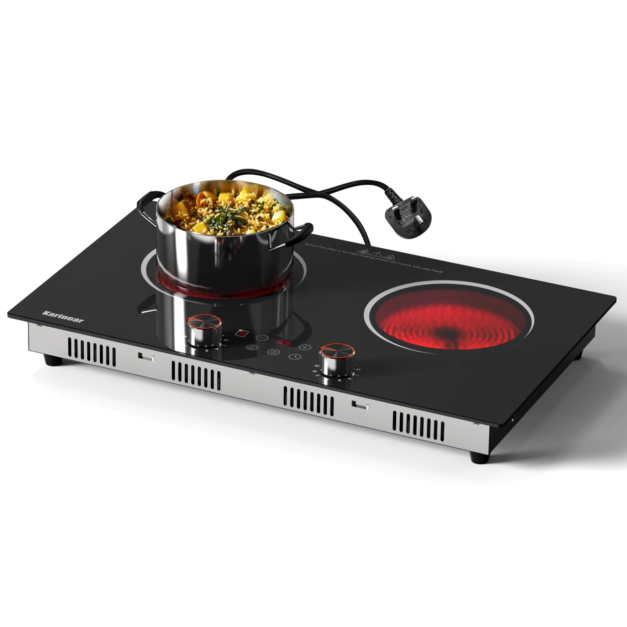 Karinear Double Ceramic hob Hob Portable 30cm Knob Control with 4-Hour Timer, 9 Power 2800W, Safety Lock 13AMP