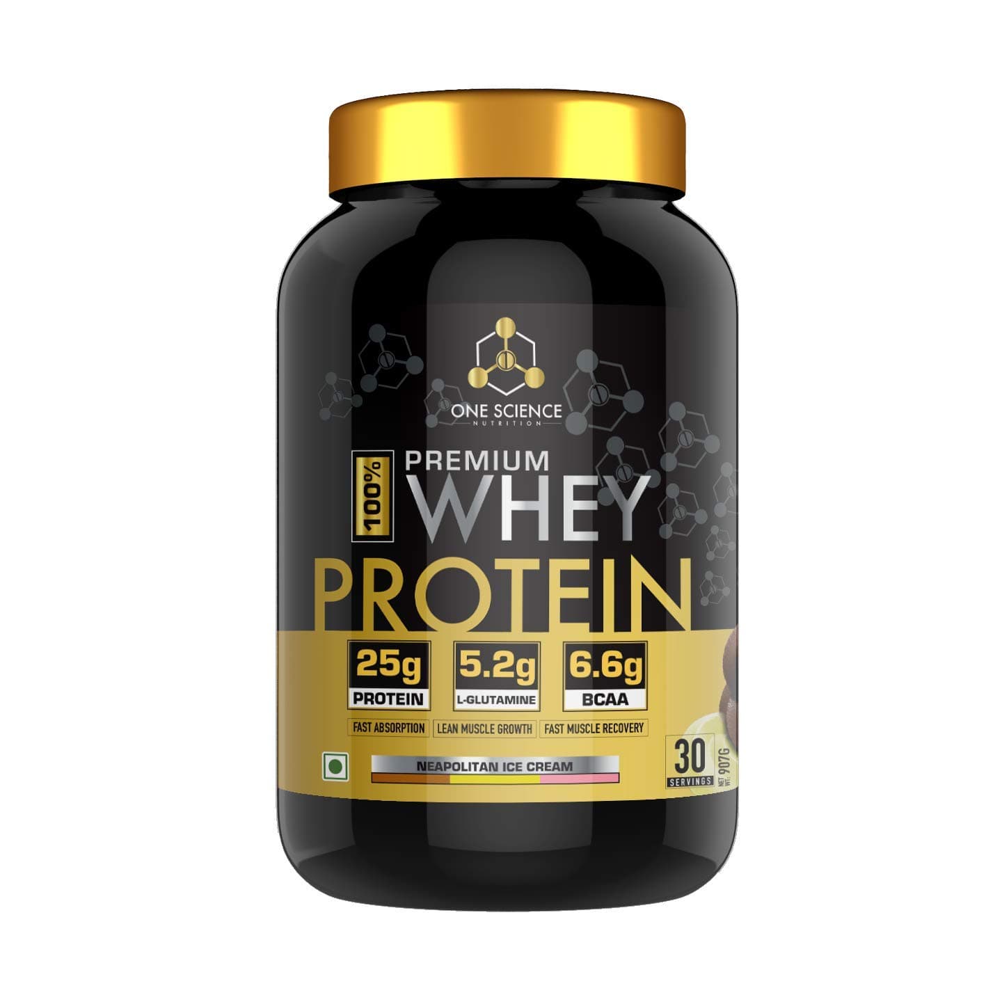 One Science Nutrition (OSN) Premium Whey Protein [Grass Fed Whey] - 25g Protein, 6.6g BCAA & 5.2 gms L-Glutamine | Refuels & Repairs Muscles - 2 lbs - Neapolitan Ice Cream