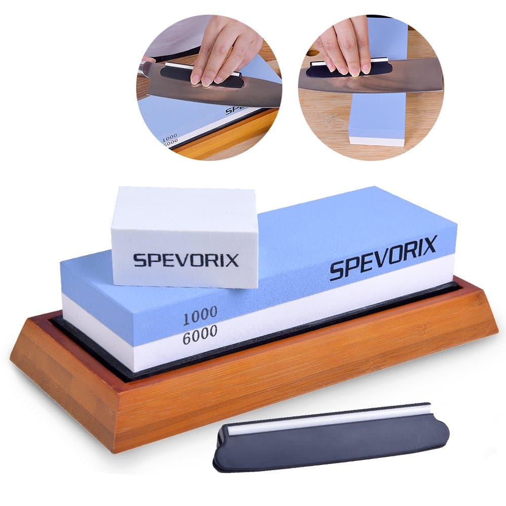 Whetstone SPEVORIX 2-in 1 Sharpening Stone Wet Stone 1000/6000 Grit Set with Wet Stone Flattening Stone Non-Slip Bamboo Base Rubber Holder and Angle Guide for Kitchen Knives