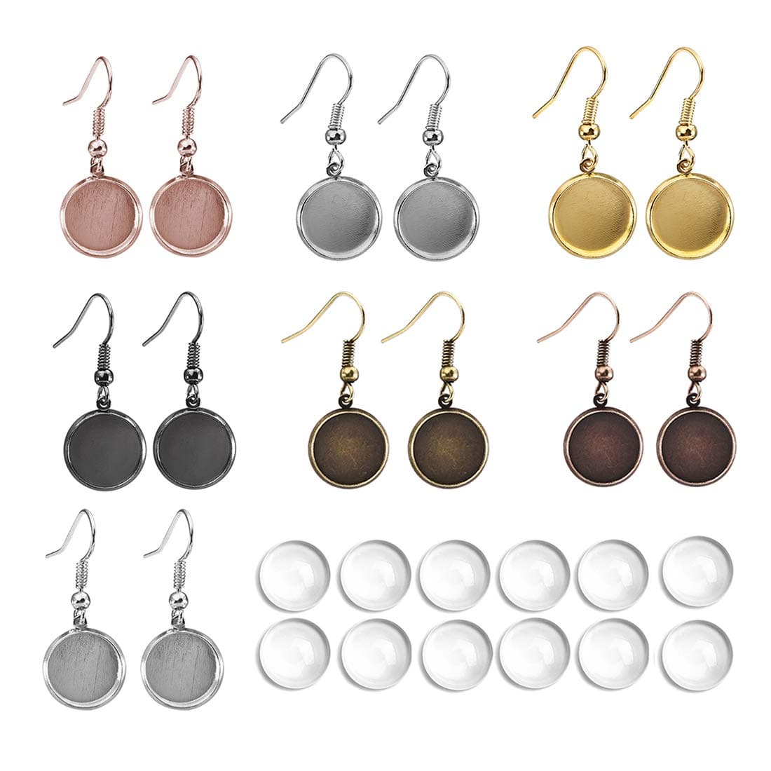 LANBEIDE 12mm Earring Wire Hooks with Glass Cover Cabochon Setting, 84 Pcs 7 Colors Alloy Earring Bezel Trays for Jewelry Making