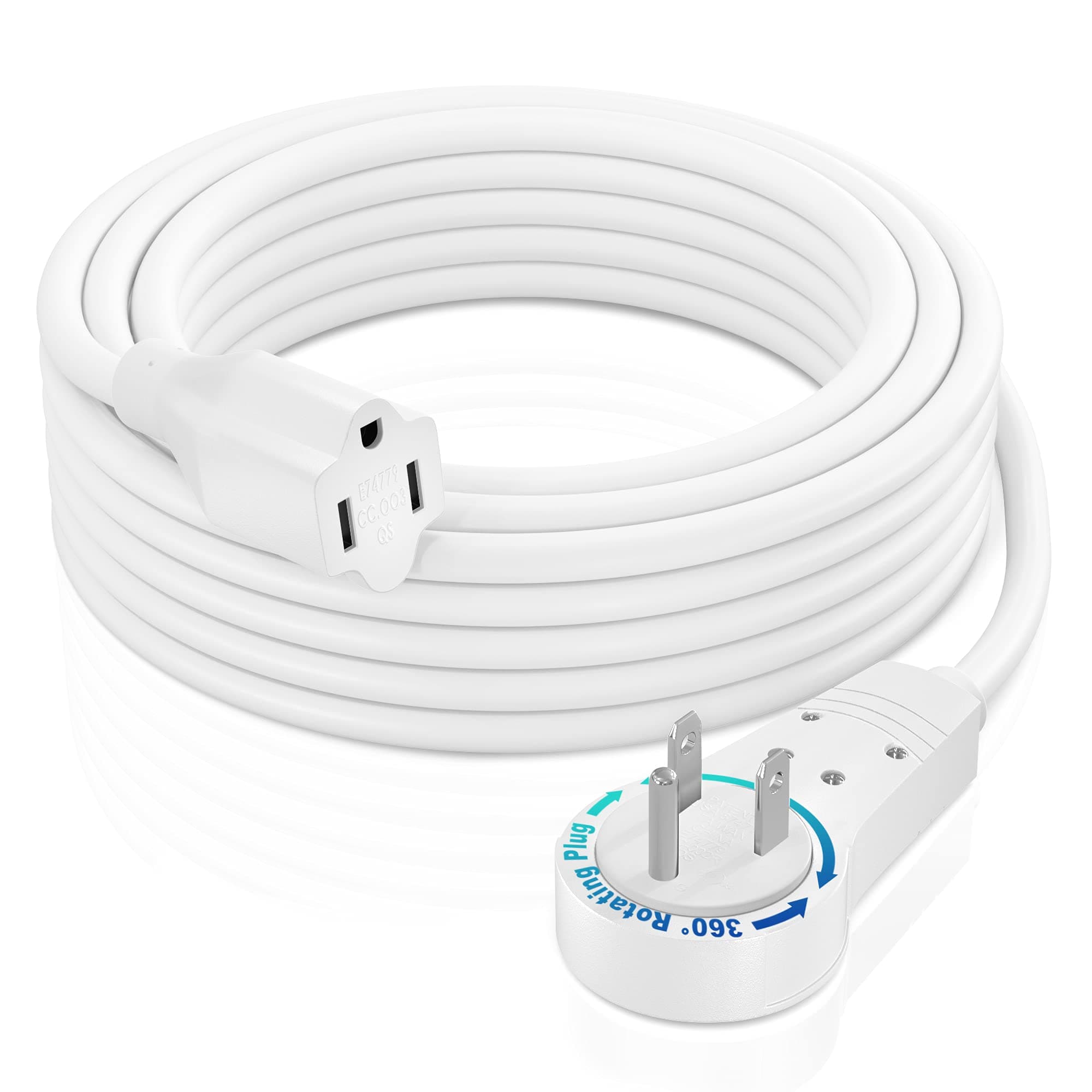 Maximm Extension Cord 15 Foot White Flat Plug, 360° Rotating Short Power Cord Single Outlet, Indoor 16 Gauge 3 Prong Grounded Wire UL Certified (15Ft White)