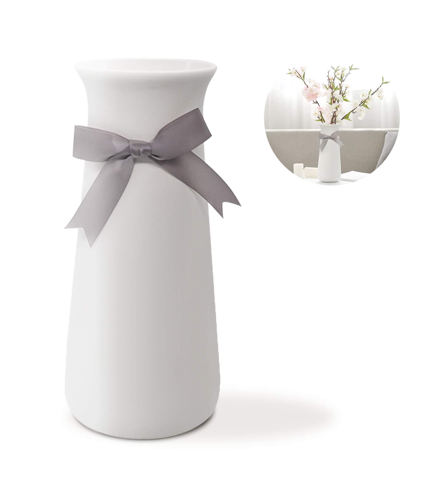 PUDDING CABIN 9" H Elegant White Vase Bowknot Design Decorative Flower Vase for Housewarming Wedding Gift Elegant Home Decor
