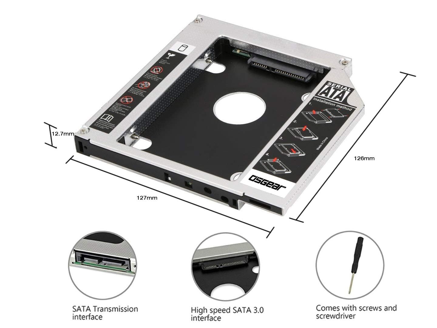OSGEAR 2nd 12.7mm HDD Caddy SATA SSD HDD BOX Replacement for Apple Laptop Mac Mini A1283 A1347 A1311 A1312 SuperDrive 27" iMac 2009 2010 2011 2012 2013 to BD DVD RW CD Blu Ray ROM