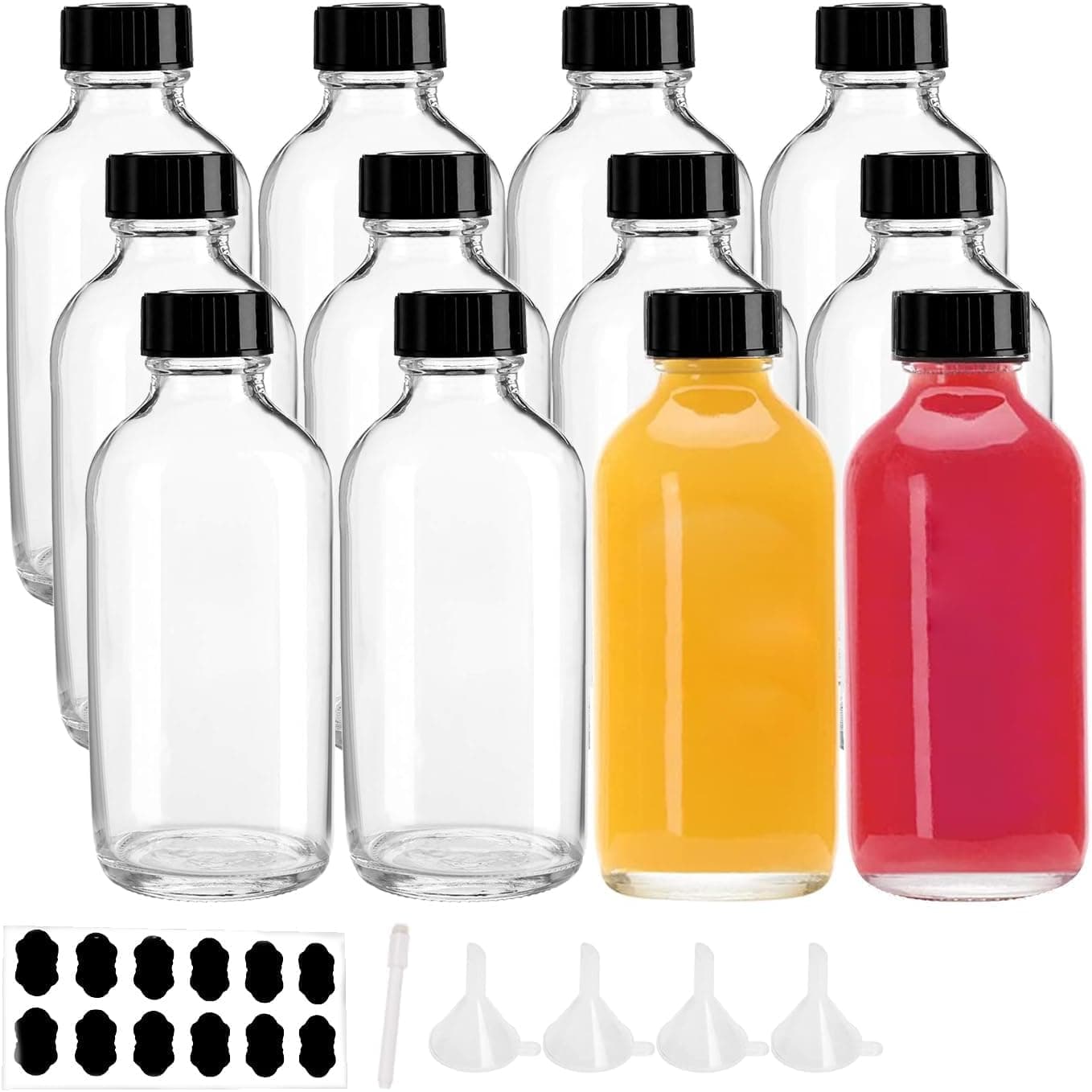 Premify 4oz 12 Pack Juice Glass Bottles – Empty Small Refillable Jars with Labels, Funnel & Brush, Ideal For Essential Oils, Juices, DIY Projects & More, Leak-Proof & BPA-Free