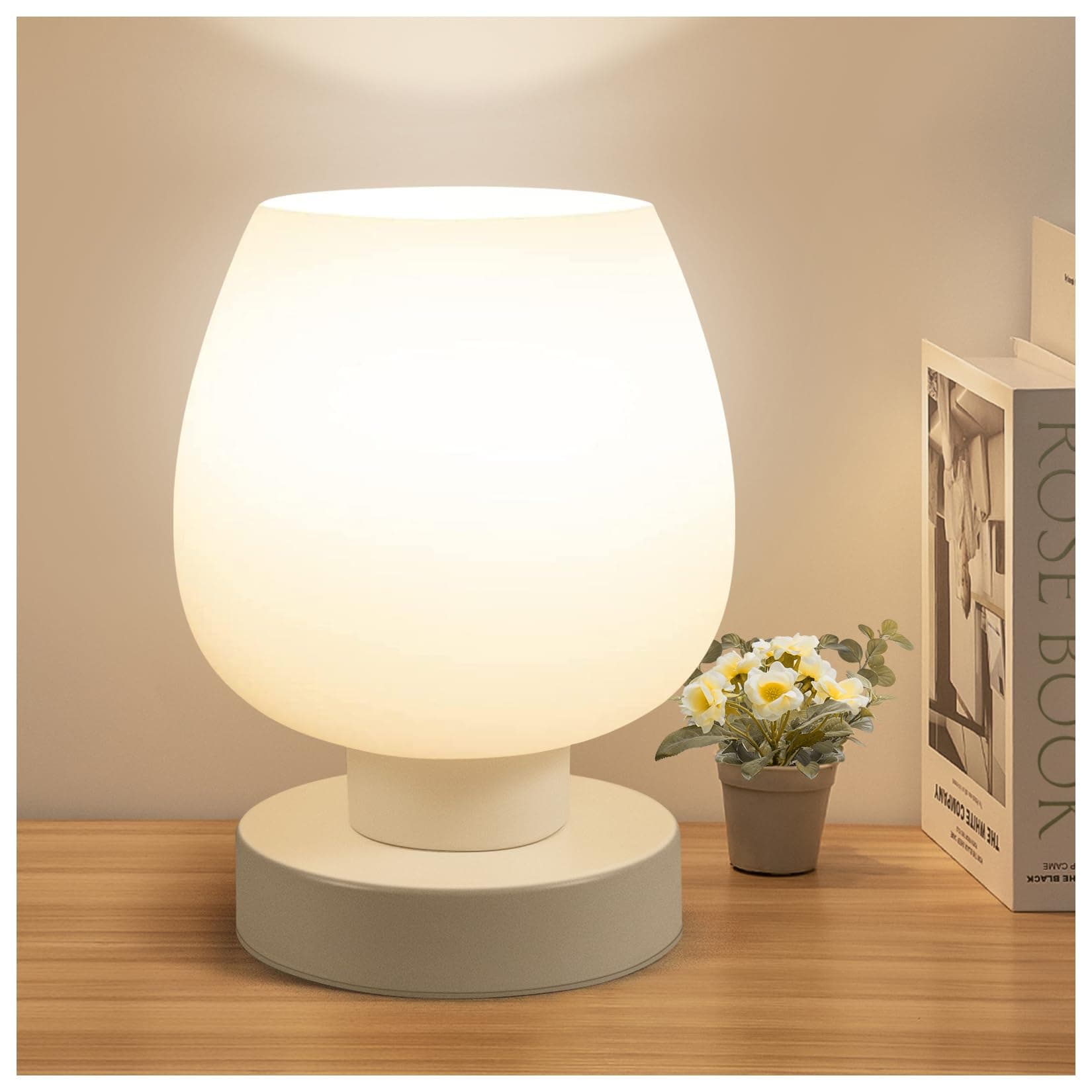 ONEWISH Small Bedside Lamp for Bedroom, 3-Way Dimmable Touch Control, 600 Lumen Bright Opal Glass Shade, 7.5 Inch Ultra Compact Nightstand Lamp, Warm White 2700K LED Bulb Included, Modern Design
