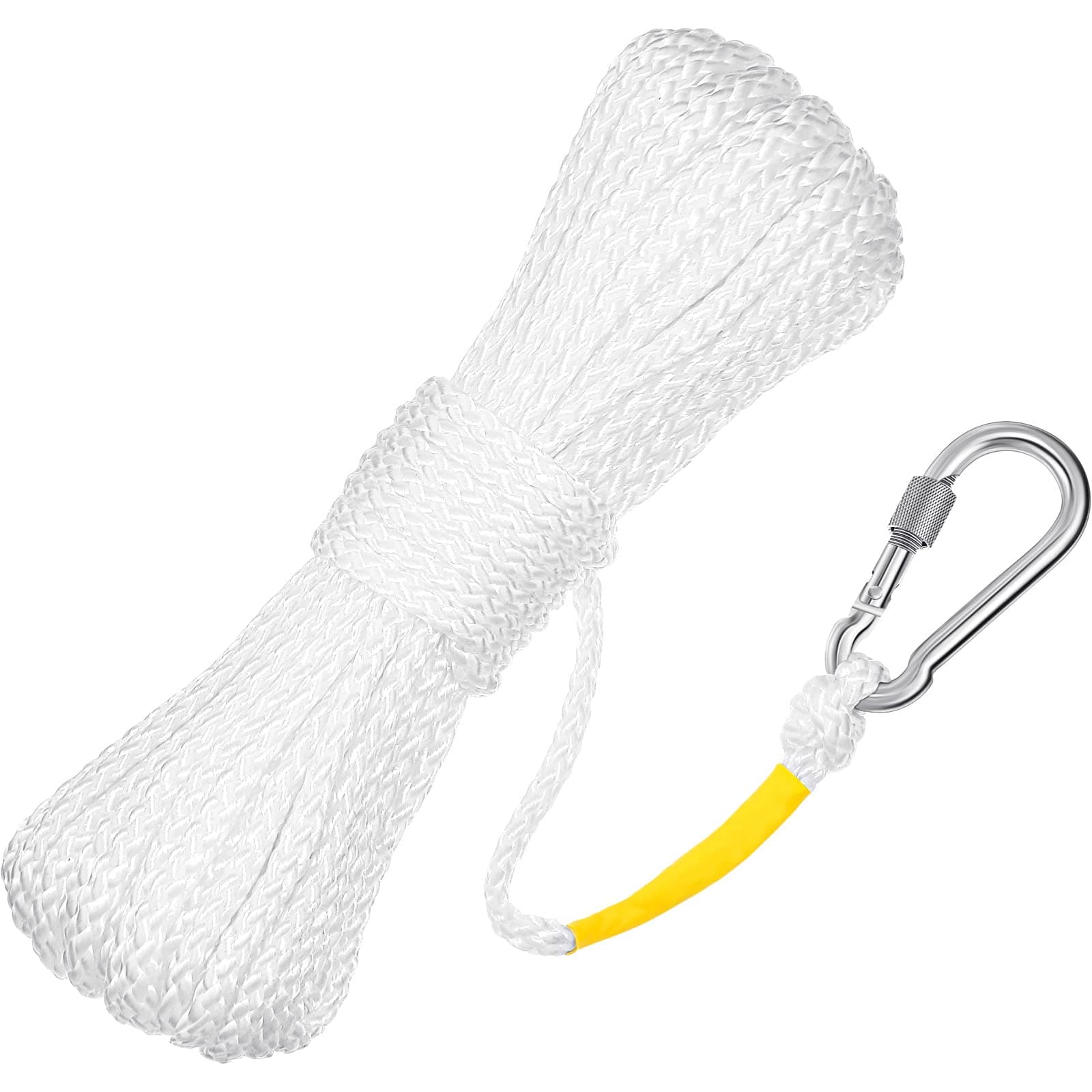 Shappy Hollow Braided Polypropylene Line Rope Heaving Line with Spring Hook for Ring Buoy Pool Life Preserver Ring Rope Boat Anchor Rope (White,15 m/ 16.4 Yards)