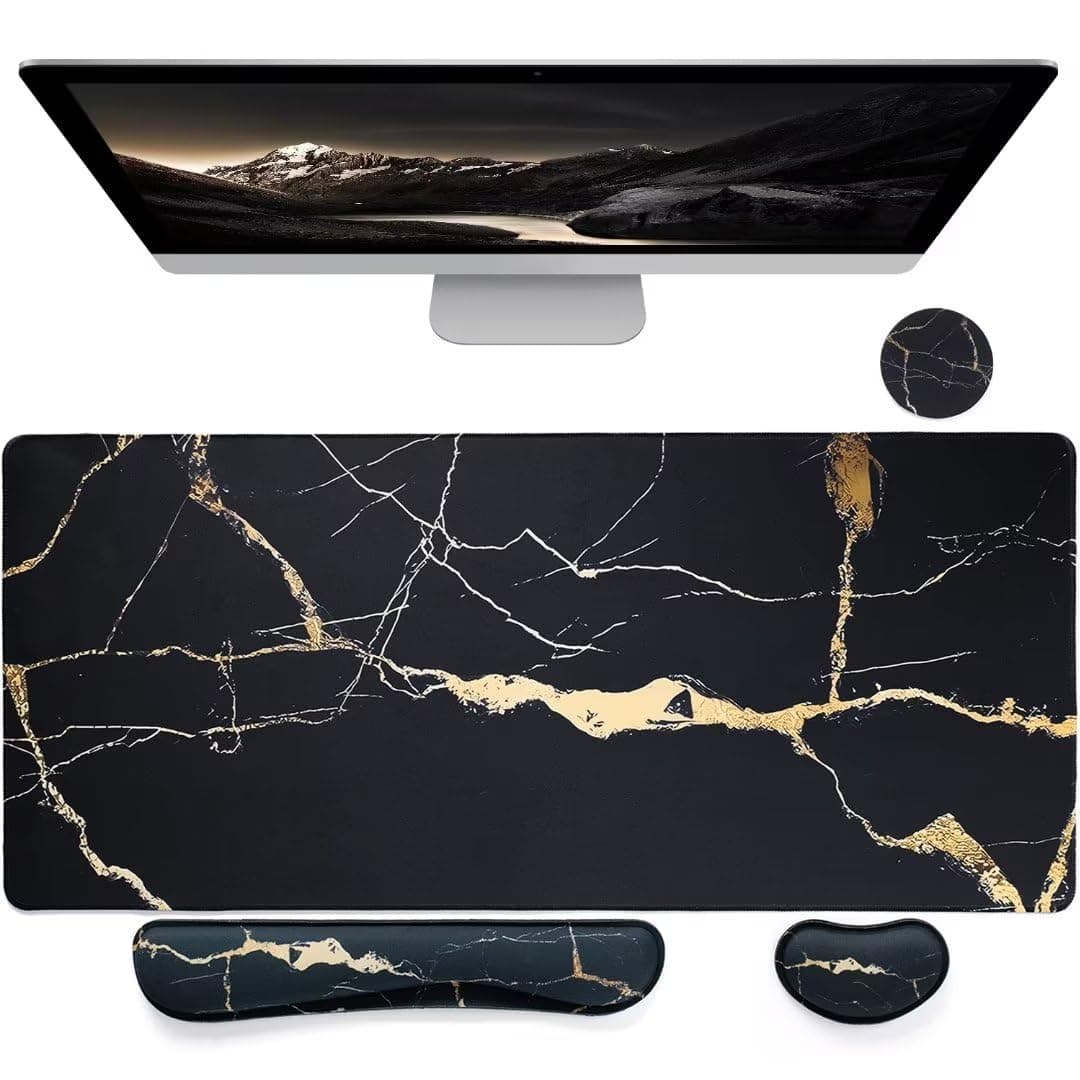 Bloss Ergonomic Mouse Pad and Keyboard Wrist Rest (4 Pcs), Non-Slip Desk Mat Protector, Desk Pad for Keyboard and Mouse, Large Gaming Mousepad-Black Marble (31.5×15.7 Inches)