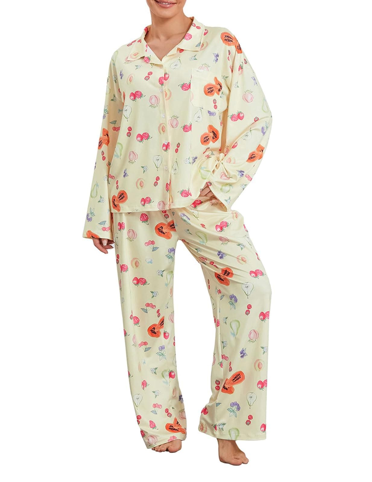 Women 2 Piece Floral Pajama Set Button Down Long Sleeve Wide Leg Fruit Set Cute Pjs Y2K Loungewear Sleepwear S-XL