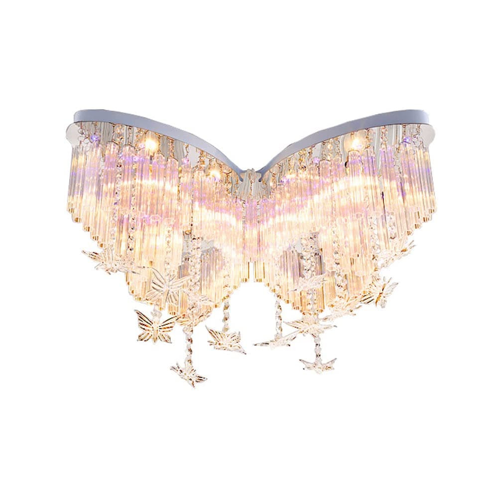 LITFAD Modern Art Deco Ceiling Light 31.5" Wide Butterfly Shaped Crystal Raindrop Discoloration Pendant Light LED Flush Mount Fixture for Girls Room,Kids Bedroom,Study Room