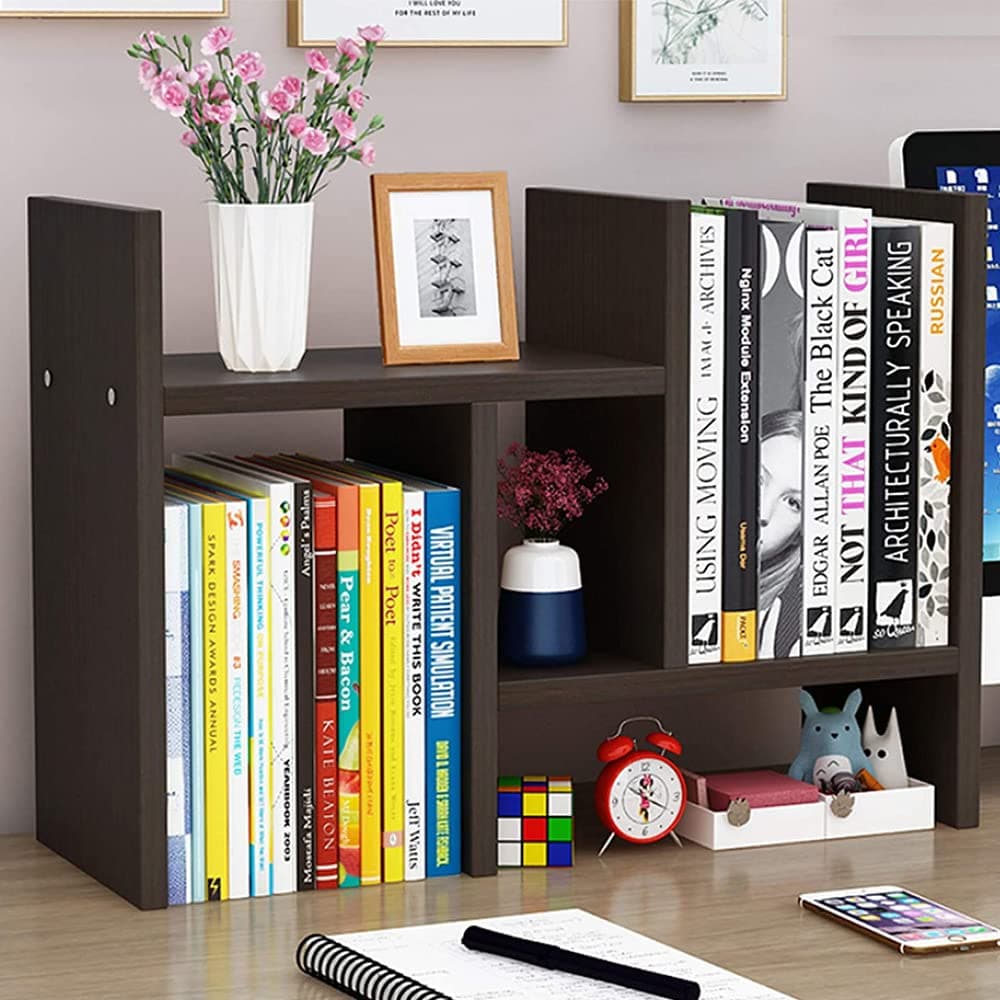 Bamboo Desktop Bookshelf Organizer, Adjustable Wood Desktop Display Shelf Rack,Office Storage Rack Tabletop Bookshelf,Free Style Display Top Bookcase (Black)