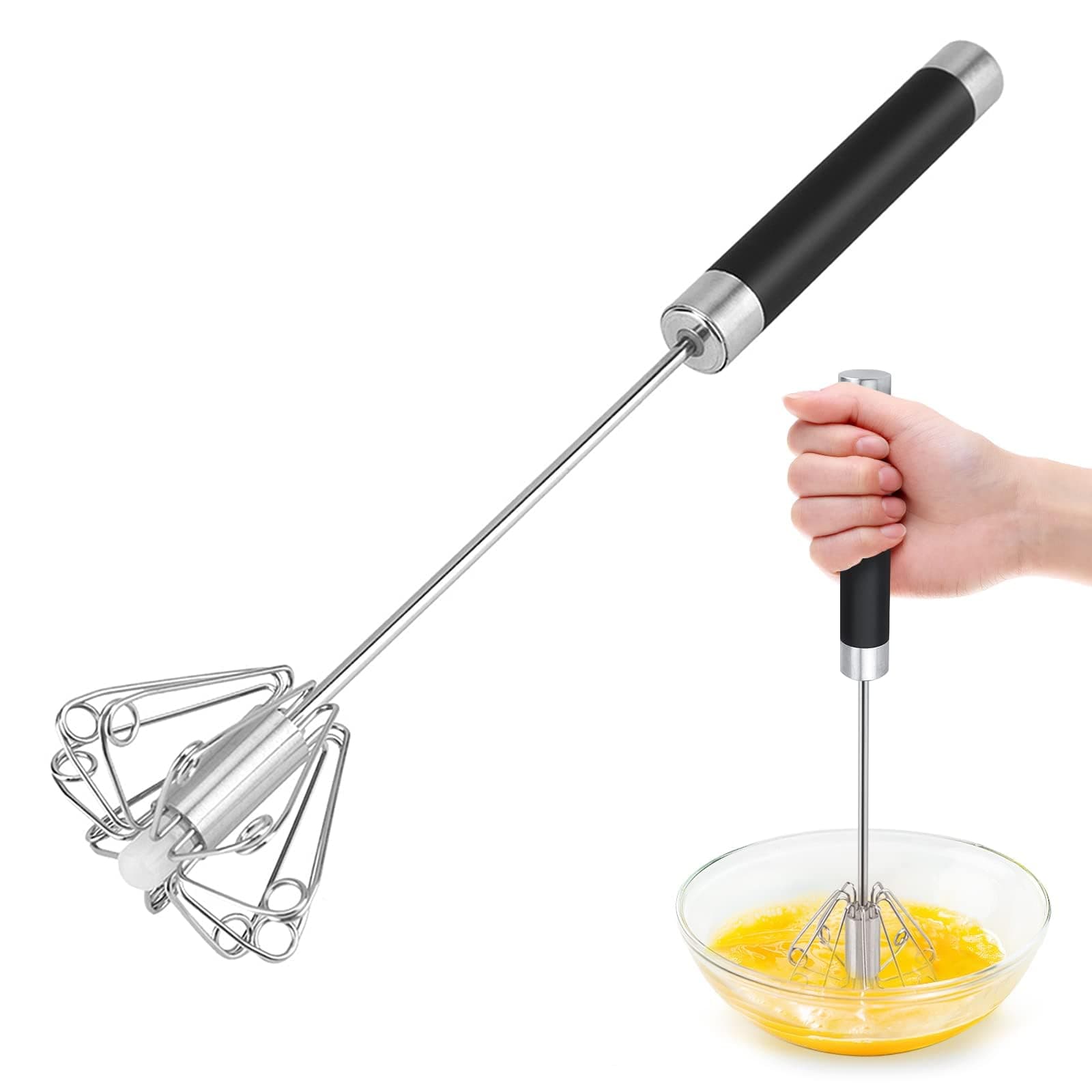 Wenrecu Semi-Automatic Spin Rotary Whisk and Hand Push Egg Beater, Stainless Steel Hand Baking Mixer, Cooking Utensils for Blending, Whisking, Beating (Black)