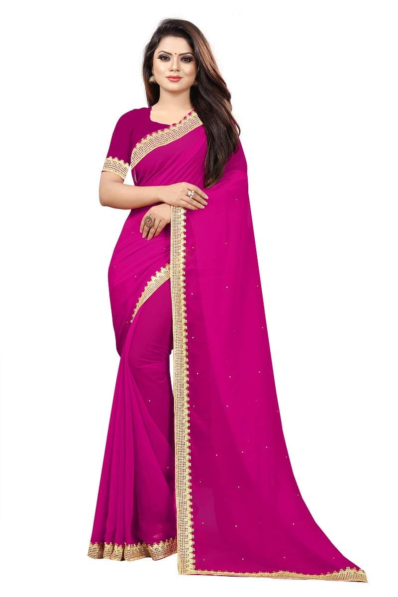 FEXELGeorgette Lace And Plain Saree