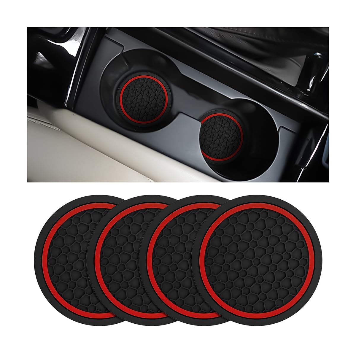 Mandark 4 Pcs Car Cup Holder Coasters, 2.75" Non-Slip Insert Water Bottle Holder Pad, Dustproof Car Interior Accessory Mat, Universal for Car, Truck, RV and More (Black/Red)