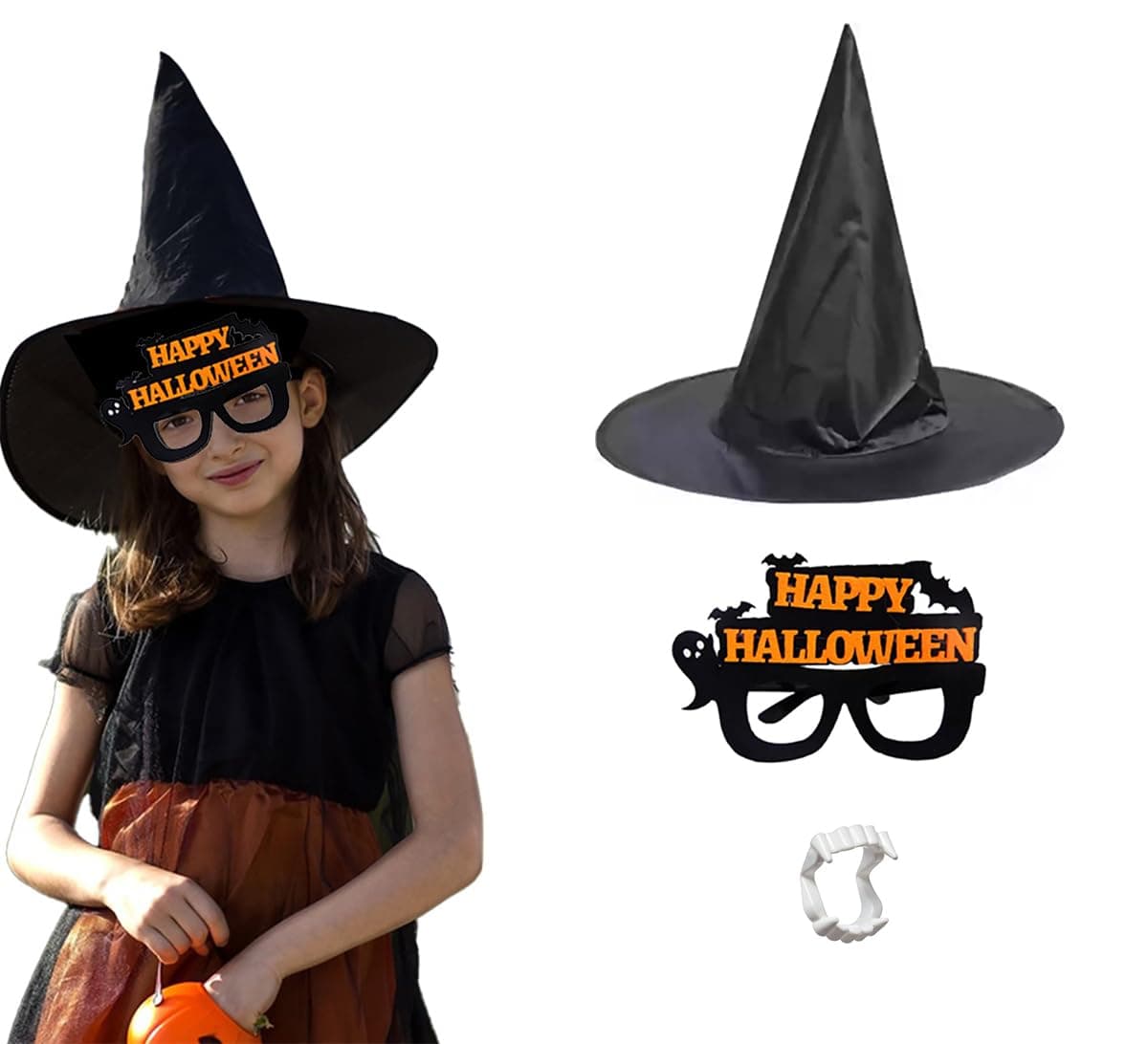 Halloween witch hat and novelty glass with vampire teeth