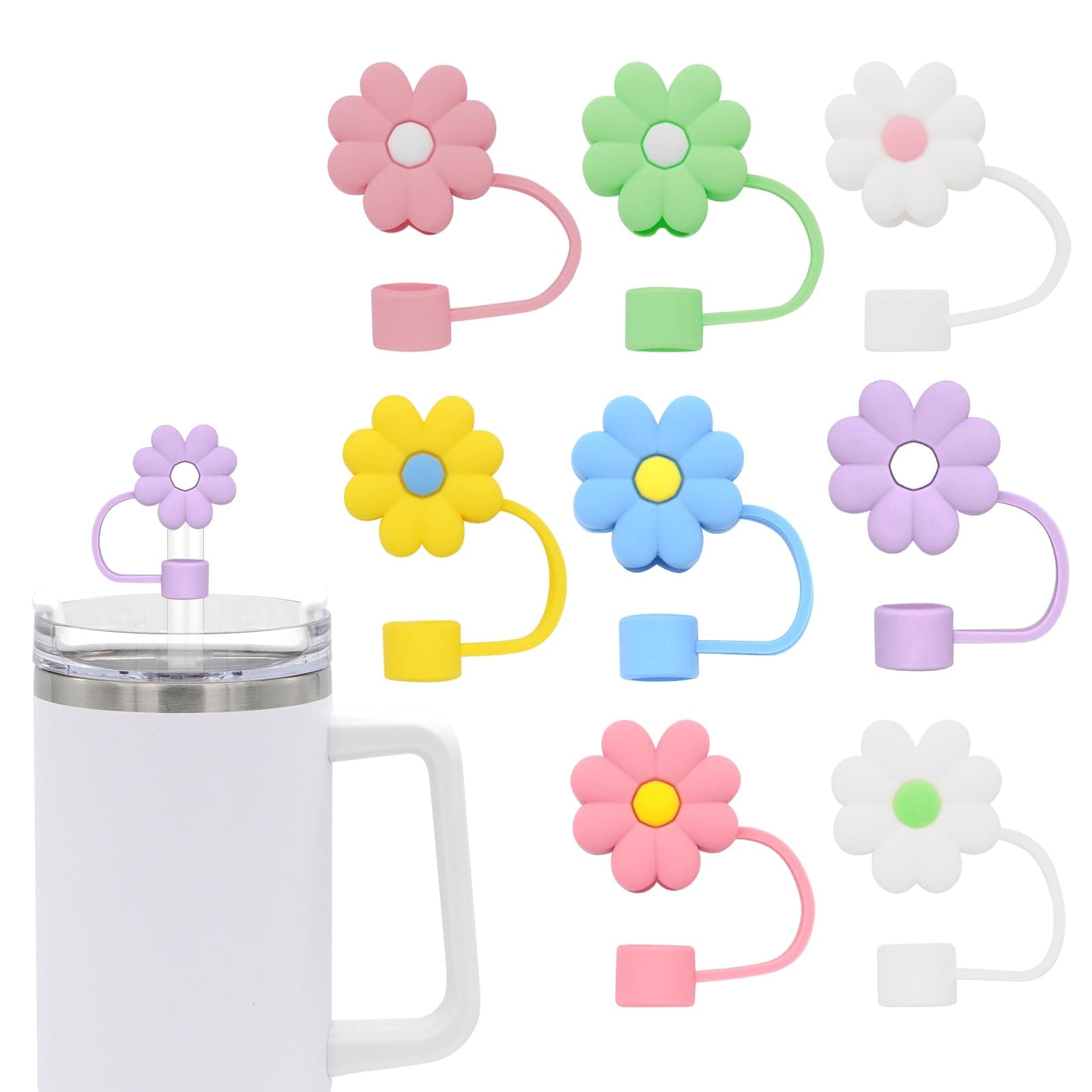 4Pcs 0.4in Diameter Cute Silicone Straw Covers Cap for Stanley Cup, Dust-Proof Drinking Straws Reusable Straws Tips Lids (8 PCS Flower Straw Covers)