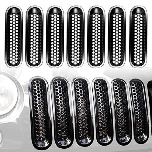 7Pcs Glossy Black Front Insert Mesh Grille Trim Cover for Jeep Wrangler JK 2007-2015 [ Clip-in]